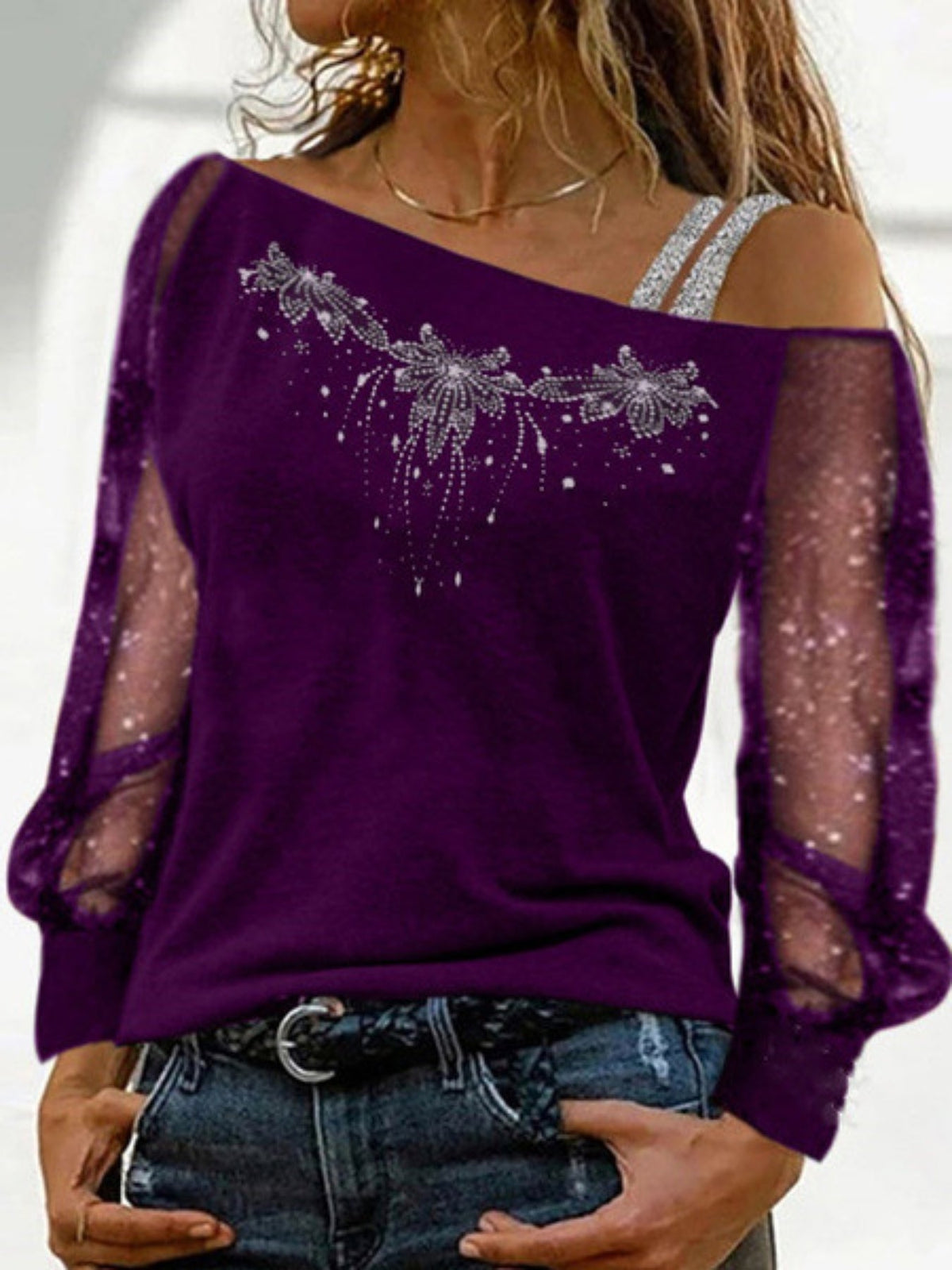 Rhinestones Floral Asymmetrical T-Shirt, Casual Cold Shoulder Mesh Long Sleeve Top