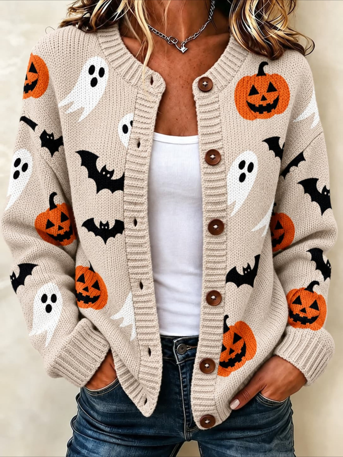 Halloween Crew Neck Long Sleeve Printed Cardigan Sweater