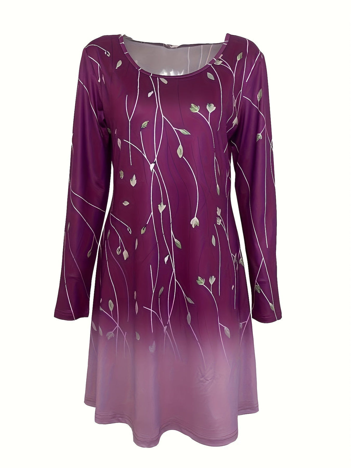 Graphic Print Long Sleeve Dress, Casual Crew Neck Midi Dress