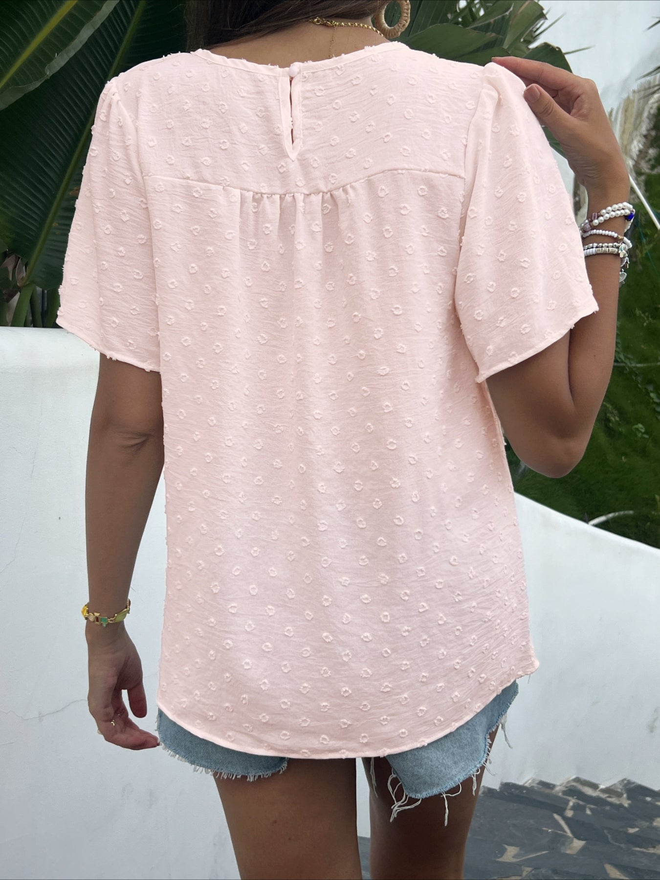 Swiss Dot Butterfly Sleeve Lace Detail Round Neck Casual Shirt