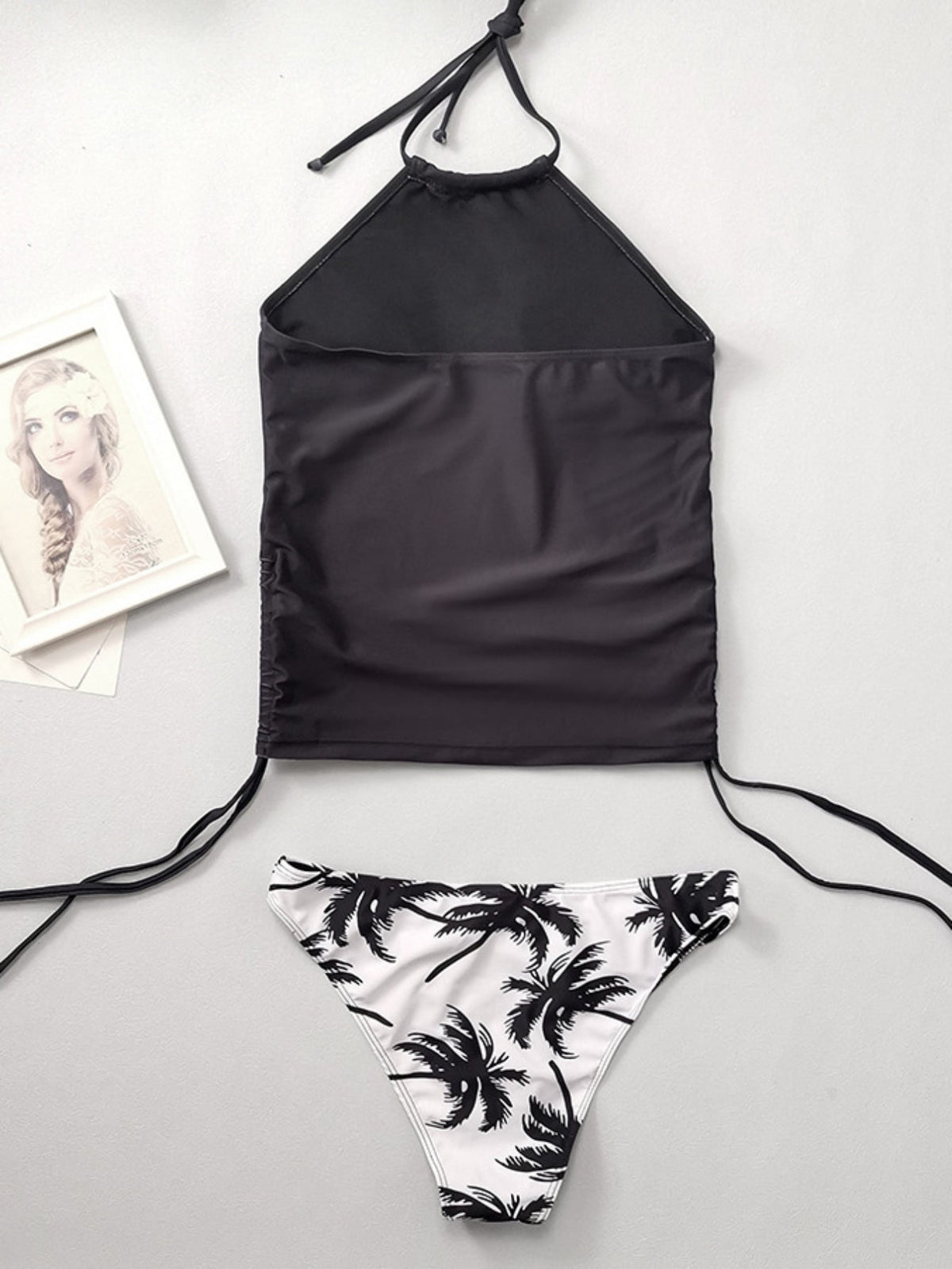 Coconut Tree Sunset Pattern Drawstring 2 Piece Set Swimsuit, Halter Tie Neck Backless Stretchy Low Waist Bathing Suit