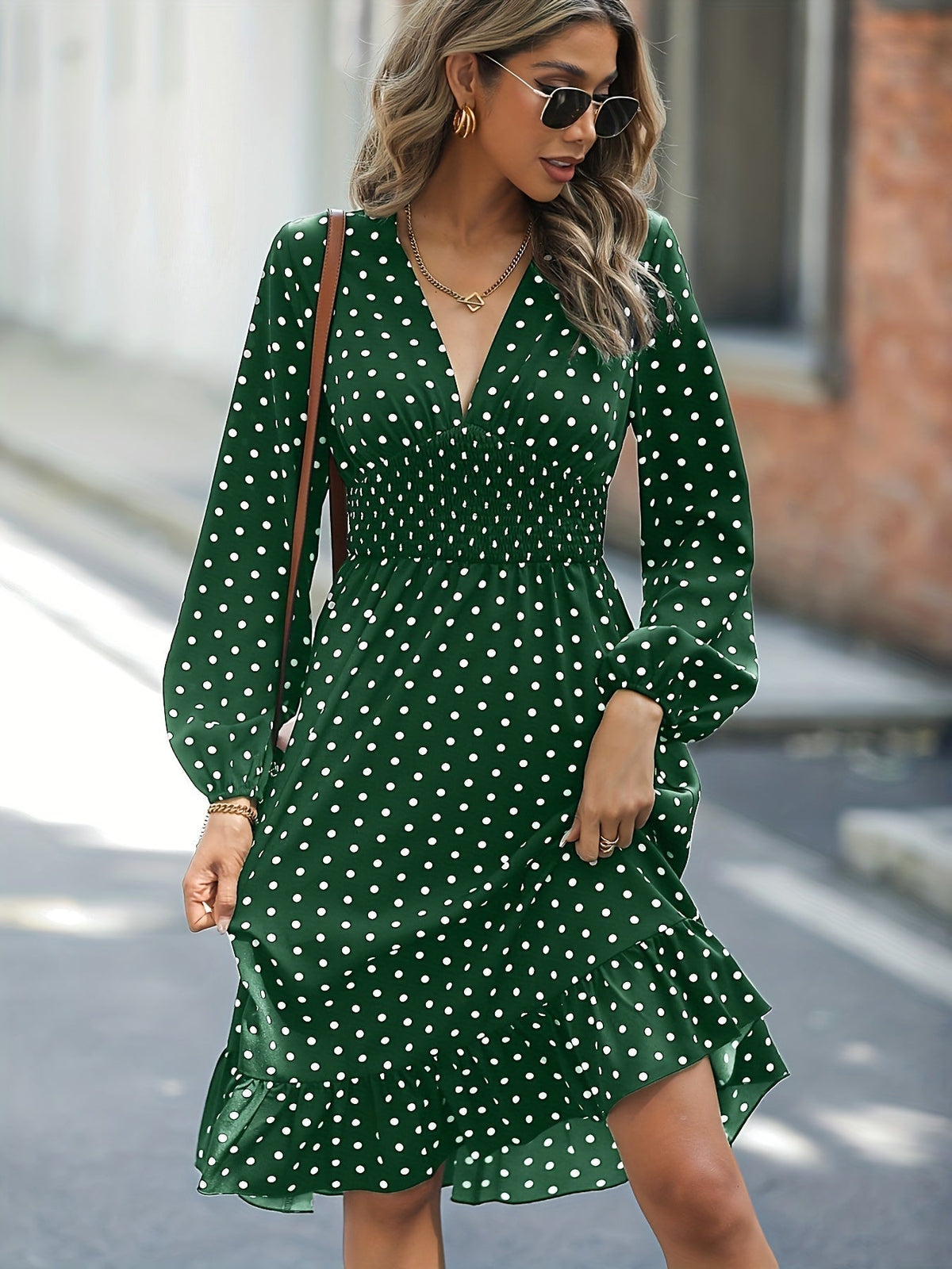 Retro V-neck Ruffle Dress, Polka Dot Print Long Sleeve Waist Loose Summer Dresses