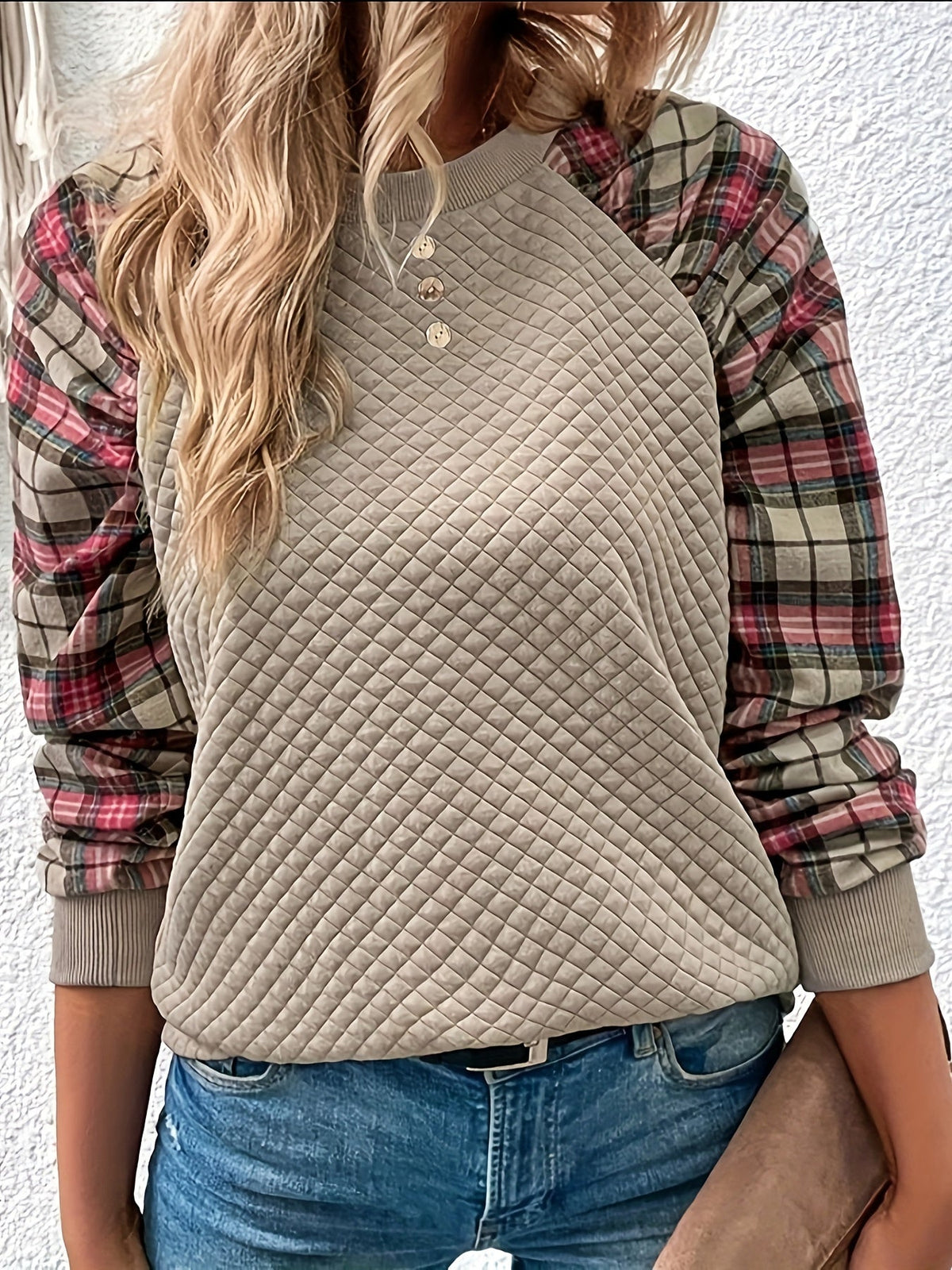 Plaid Print Button Front Crew Neck T-Shirt, Casual Long Sleeve Top