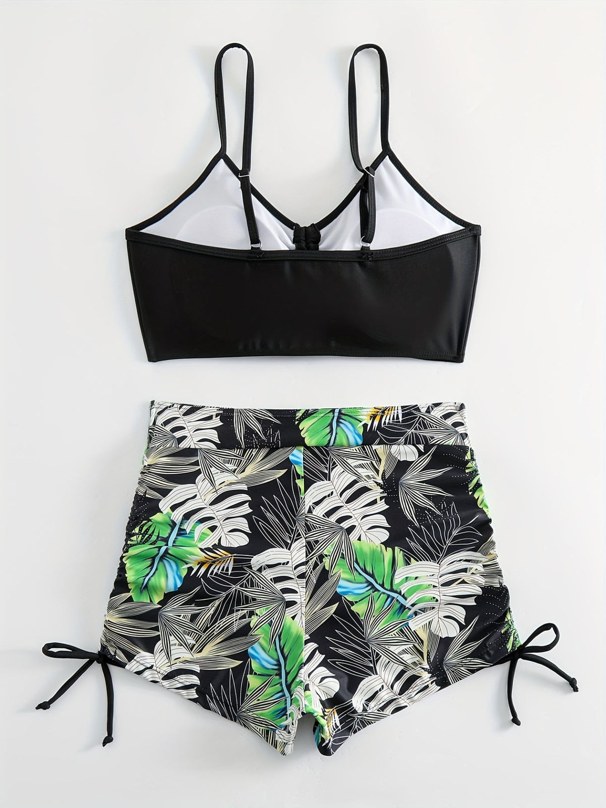 Tropical Leaf Print V Neck High Waist Bikini Sets, Drawstring Spaghetti Straps Boxer Short Bottoms Two Pieces Swimsuit