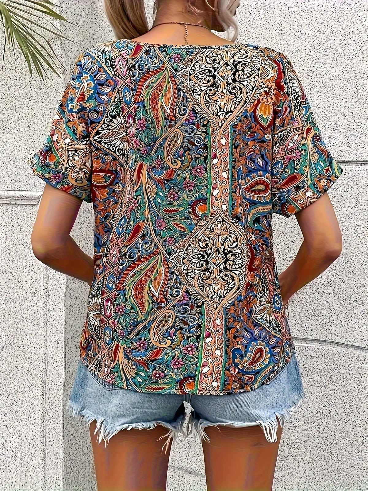Paisley Print V Neck Blouse, Casual Short Sleeve Blouse