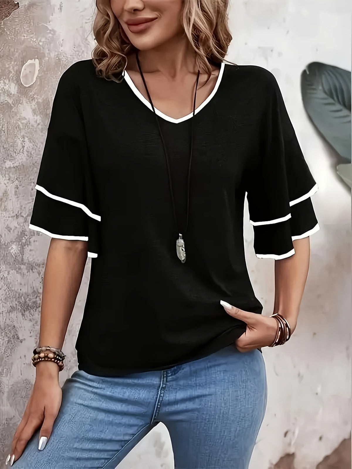 V-Neck Ruffle Sleeves T-Shirt