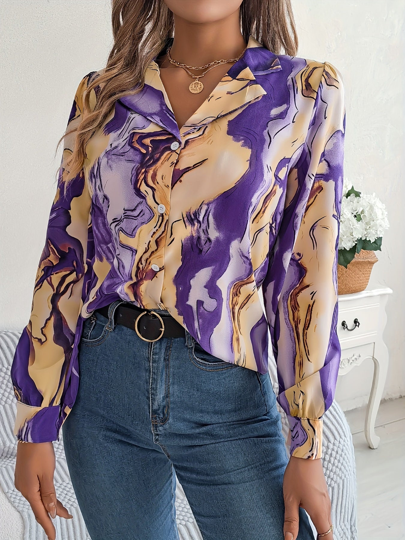 Graphic Print Button Front Shirt, Casual Long Sleeve Shirt
