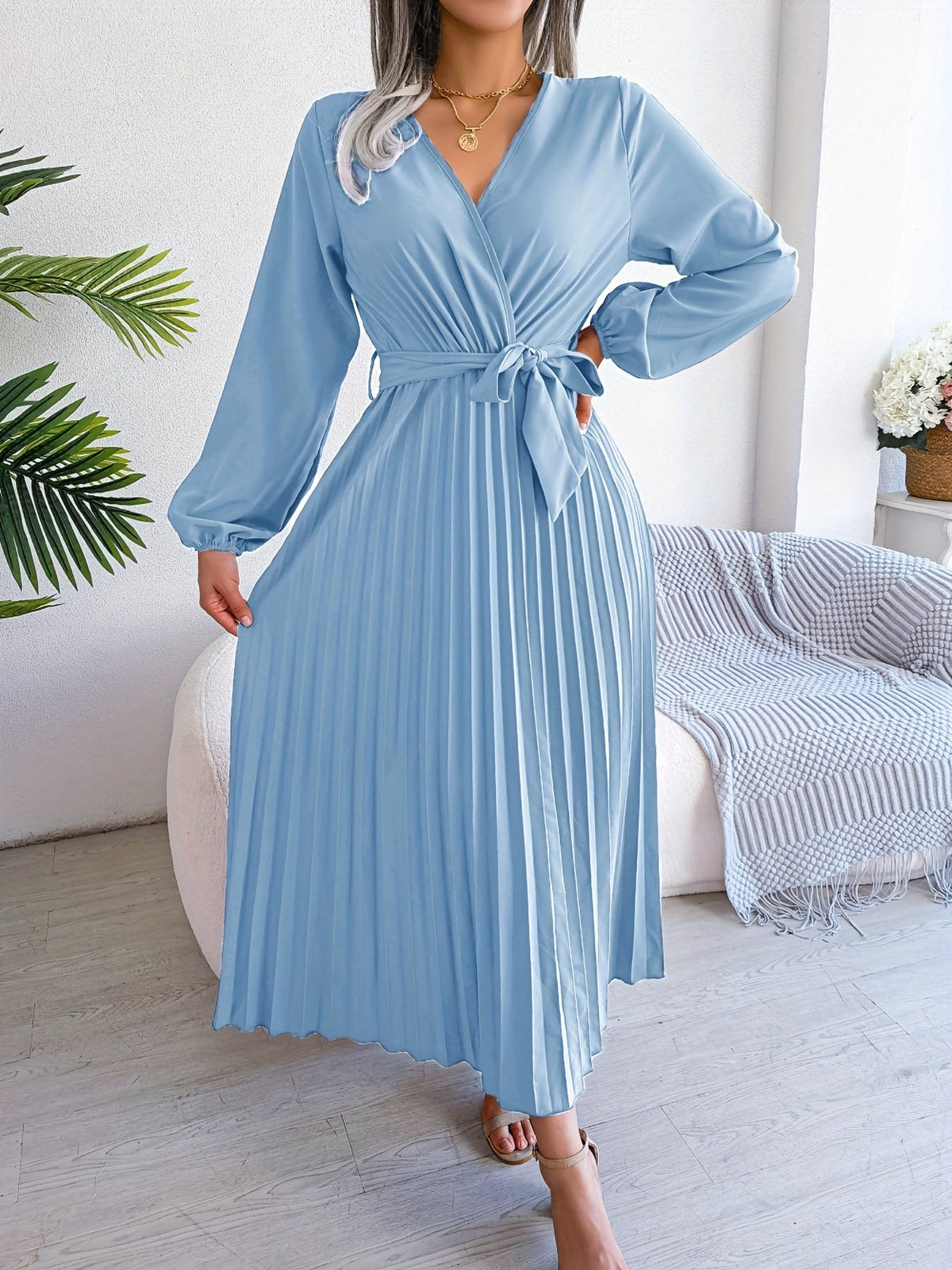 Pleated Surplice Neck Dress, Elegant Long Sleeve Solid Dress, Women's Clothing