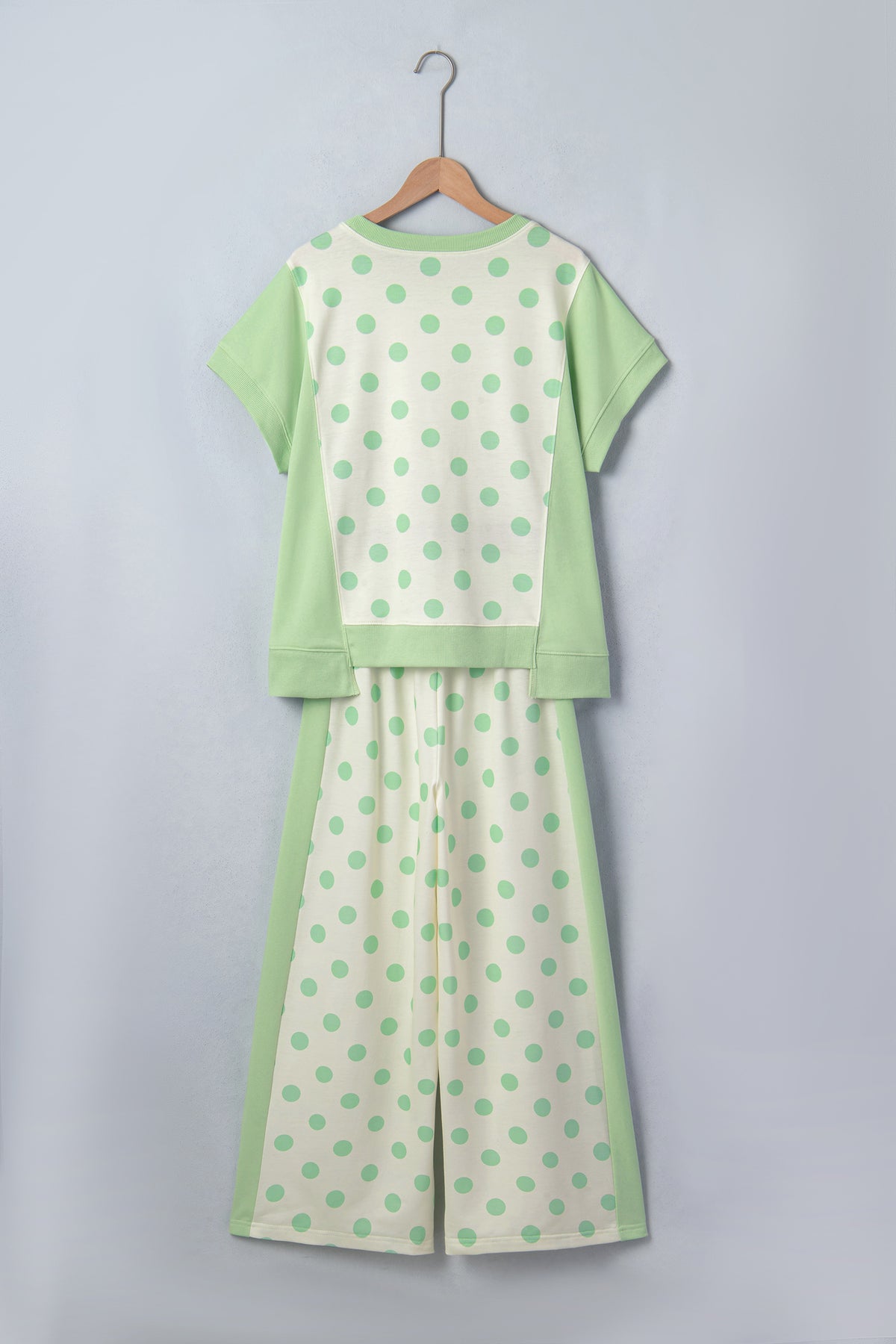 Green Color Block Patchwork Polka Dot Wide Leg Pant Set