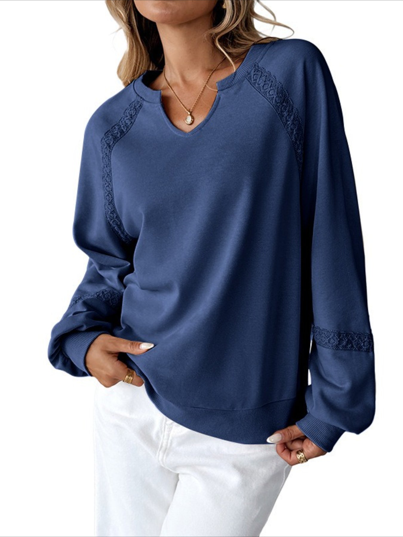 Solid Color Half-open Neck Splicing Lace Loose Fashion Long-sleeved Top