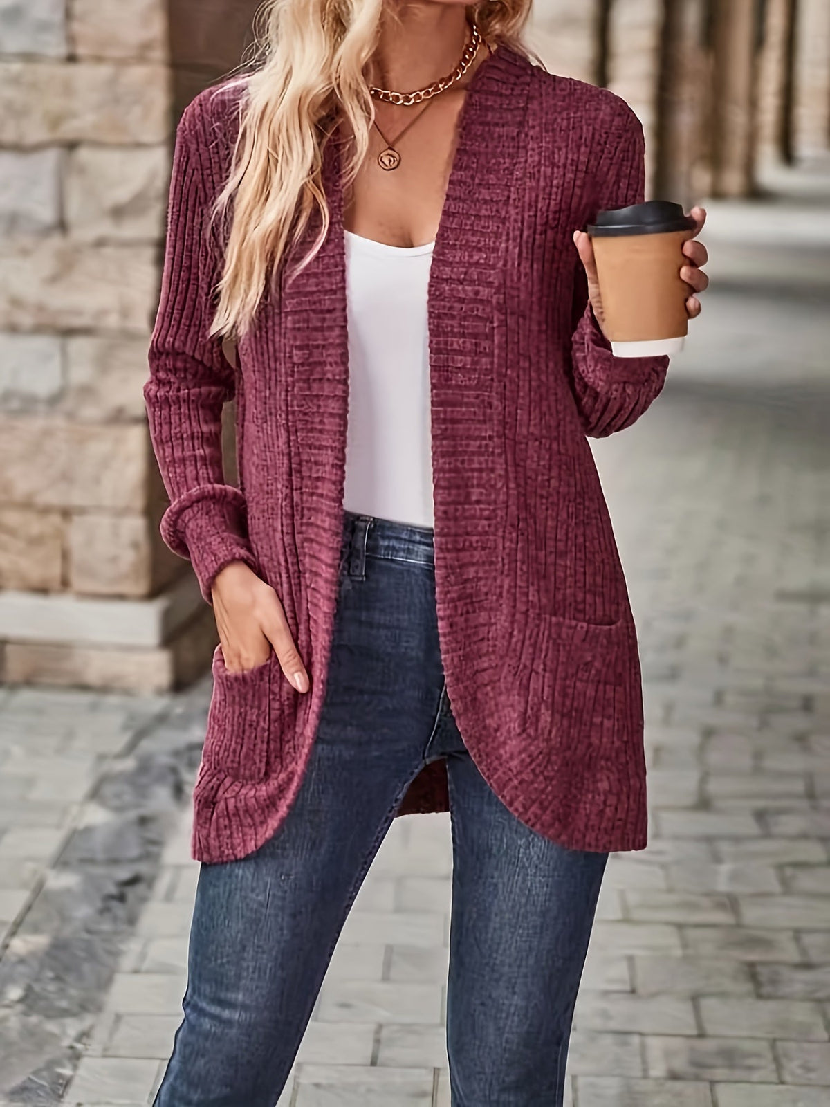 Solid Open Front Cardigan, Casual Long Sleeve Drop Shoulder Outwear