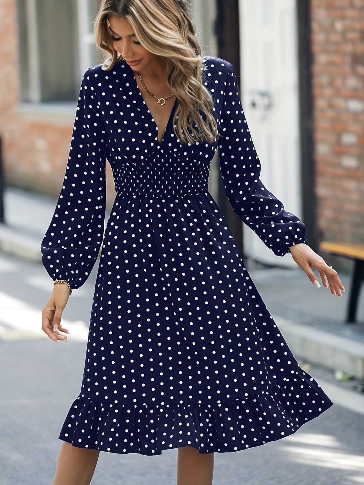 Retro V-neck Ruffle Dress, Polka Dot Print Long Sleeve Waist Loose Summer Dresses