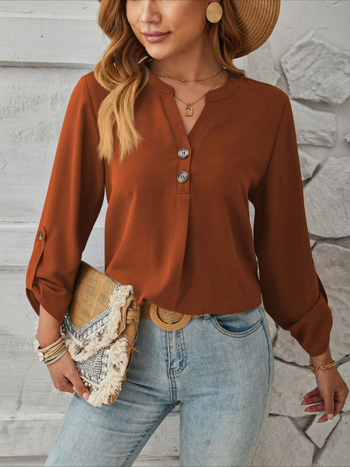 V-Neck Solid Color Comfortable Breathable Casual Long Sleeve Top