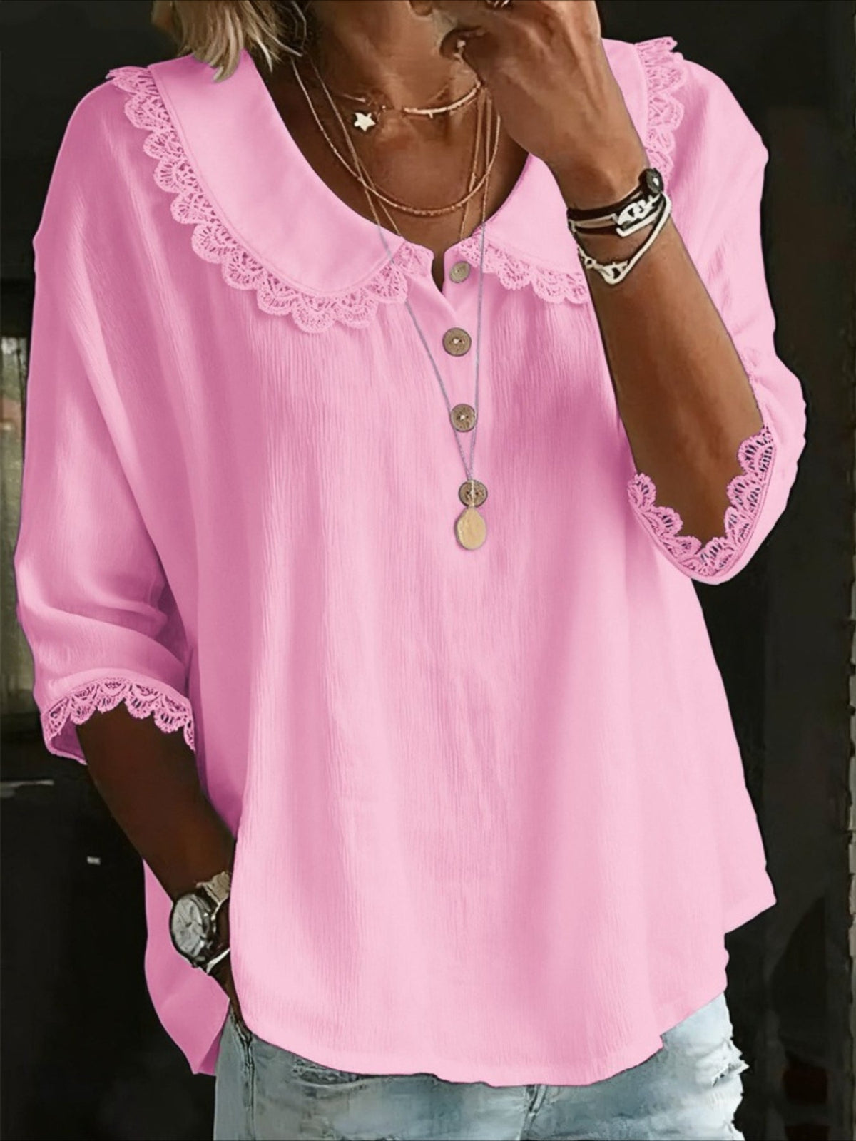 Solid Color button-down shirt with a collared lace trim