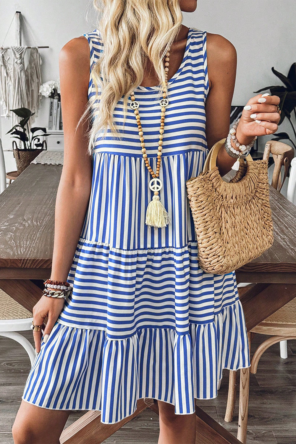 Sky Blue Stripe U Neck Sleeveless Loose Fit Mini Dress