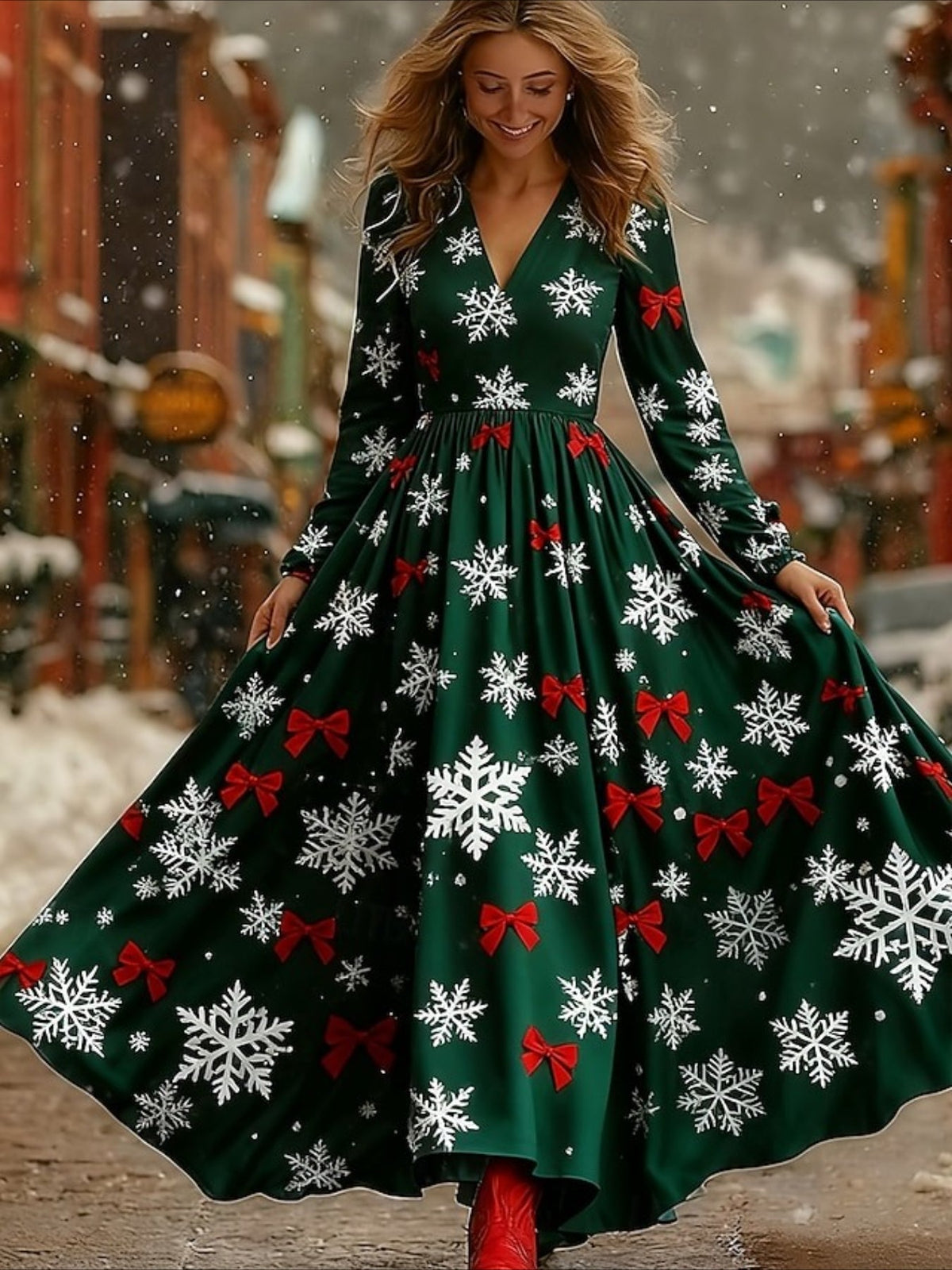Christmas Pleated Party Long Sleeve V Neck Maxi Dress