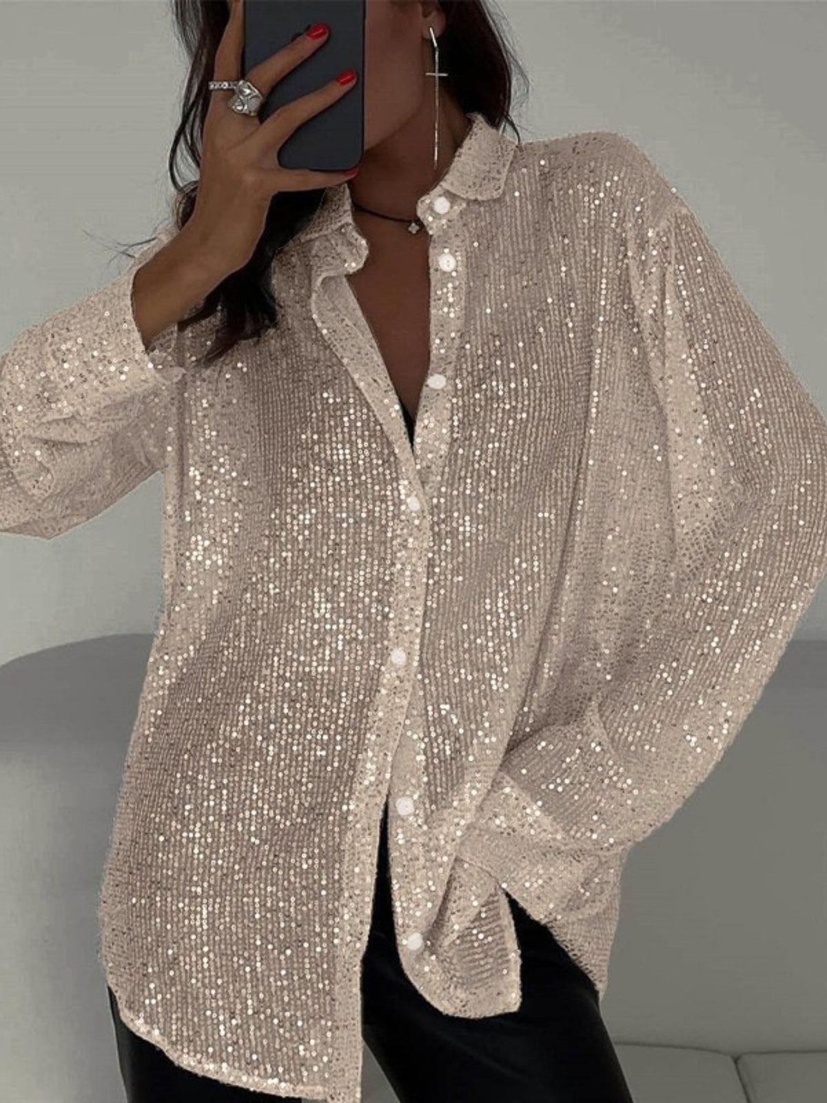 Womens Sequins Long Sleeve Collared Shirt Button Down Open Front Shirt Loose Tops