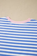 Sky Blue Stripe Contrast Trim Crew Neck Tee Knot Shorts 2pcs Set