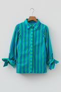 Blue Stripe Tie Puff Sleeve Womens Button Down Shirt