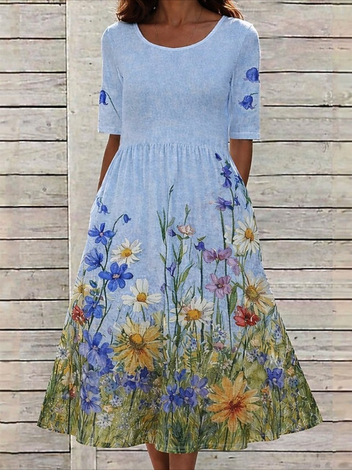 Floral Printed Crew Neck Short Sleeve Maxi Dress