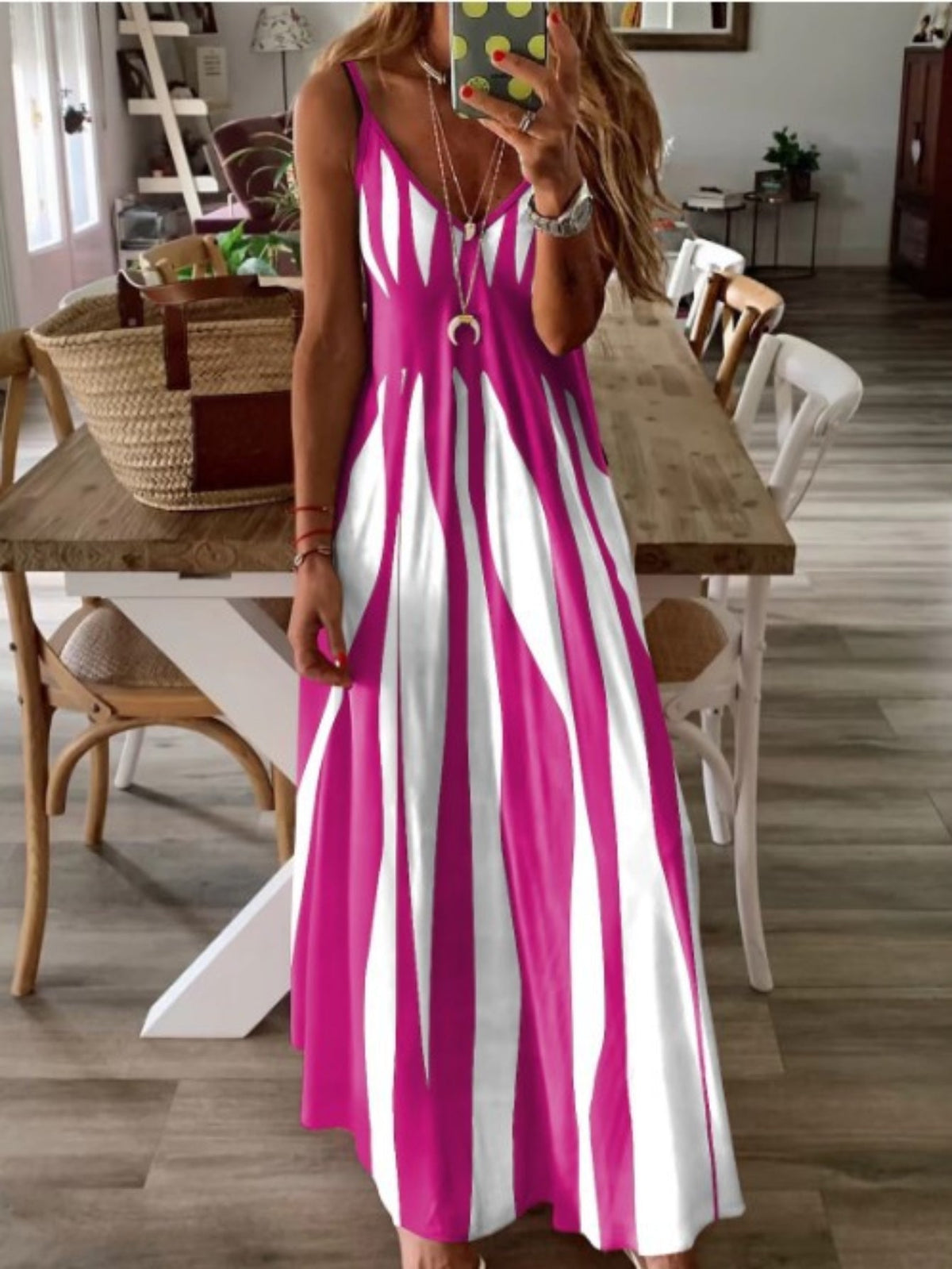 Geo Print V Neck Dress, Casual Spaghetti Strap Sleeveless Dress