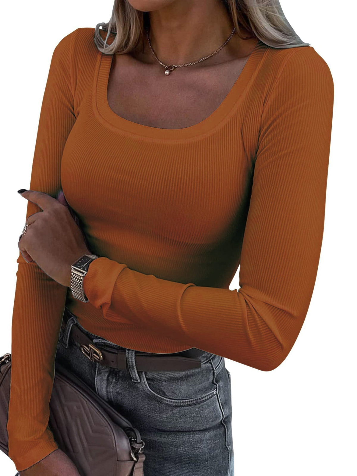 Casual Long Sleeve Square Neck T-shirt