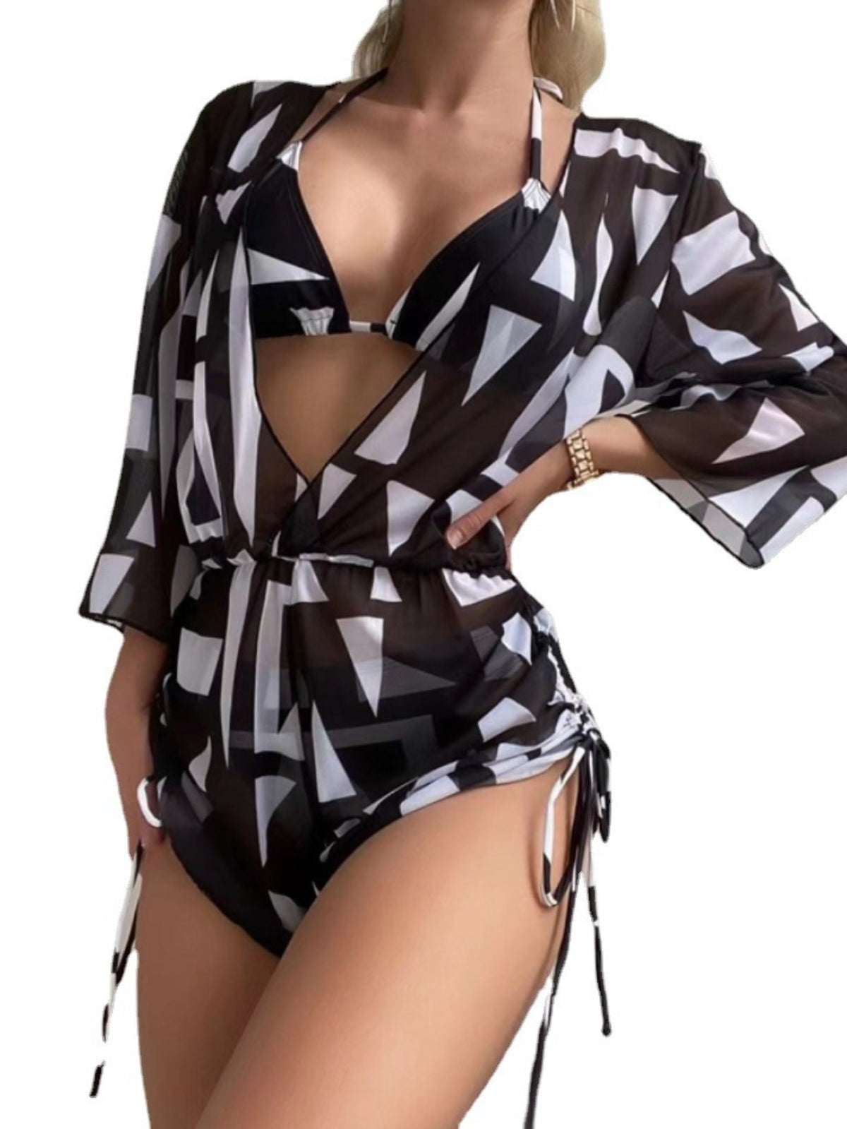 3-Piece Leaf Plant Print Bikini Sets, Triangle Halter Neck High Cut With Sheer Cover Up Drawstring Overall Swimsuit