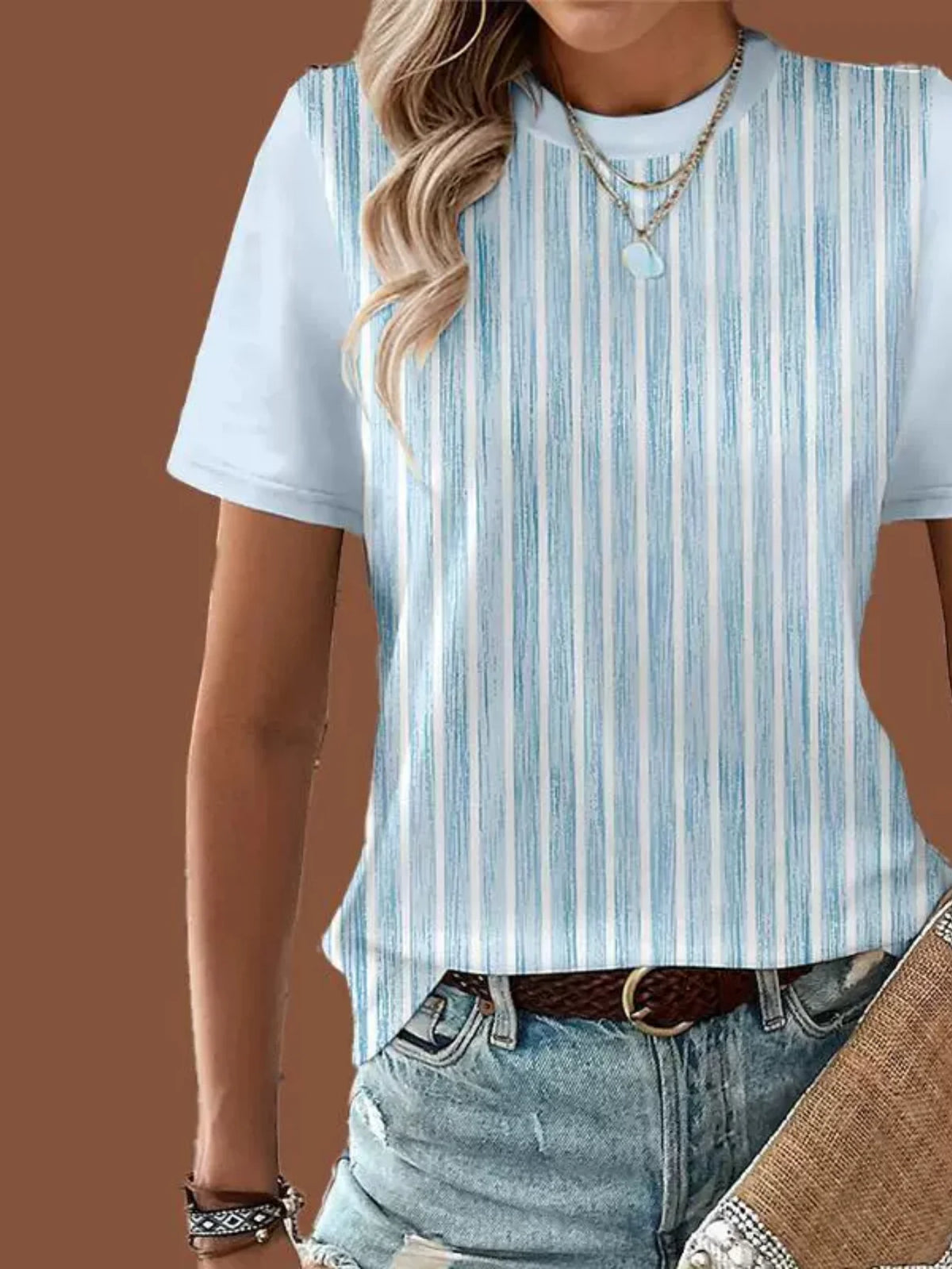 Casual Patchwork Pattern Round Neck Short Sleeve Loose Women T-Shirt