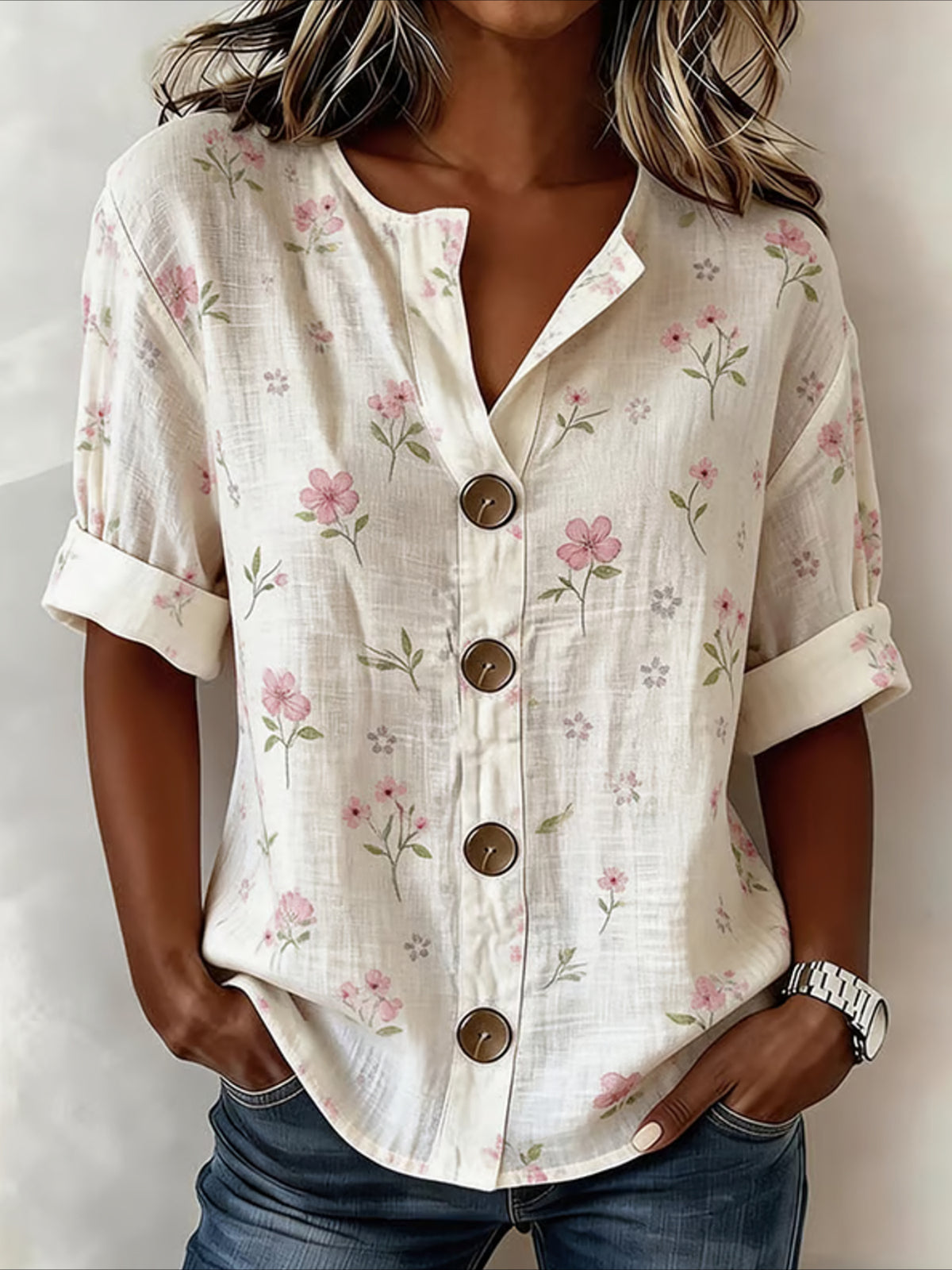 Strip Loose Stand Collar Simple Linen Blend Long Sleeve Shirt