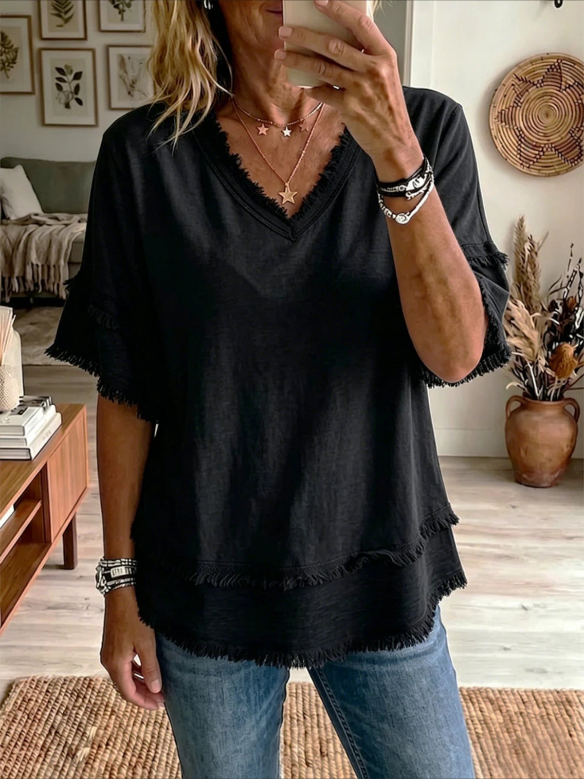 V Neck Pullover Short Sleeve Loose Casual Blouse