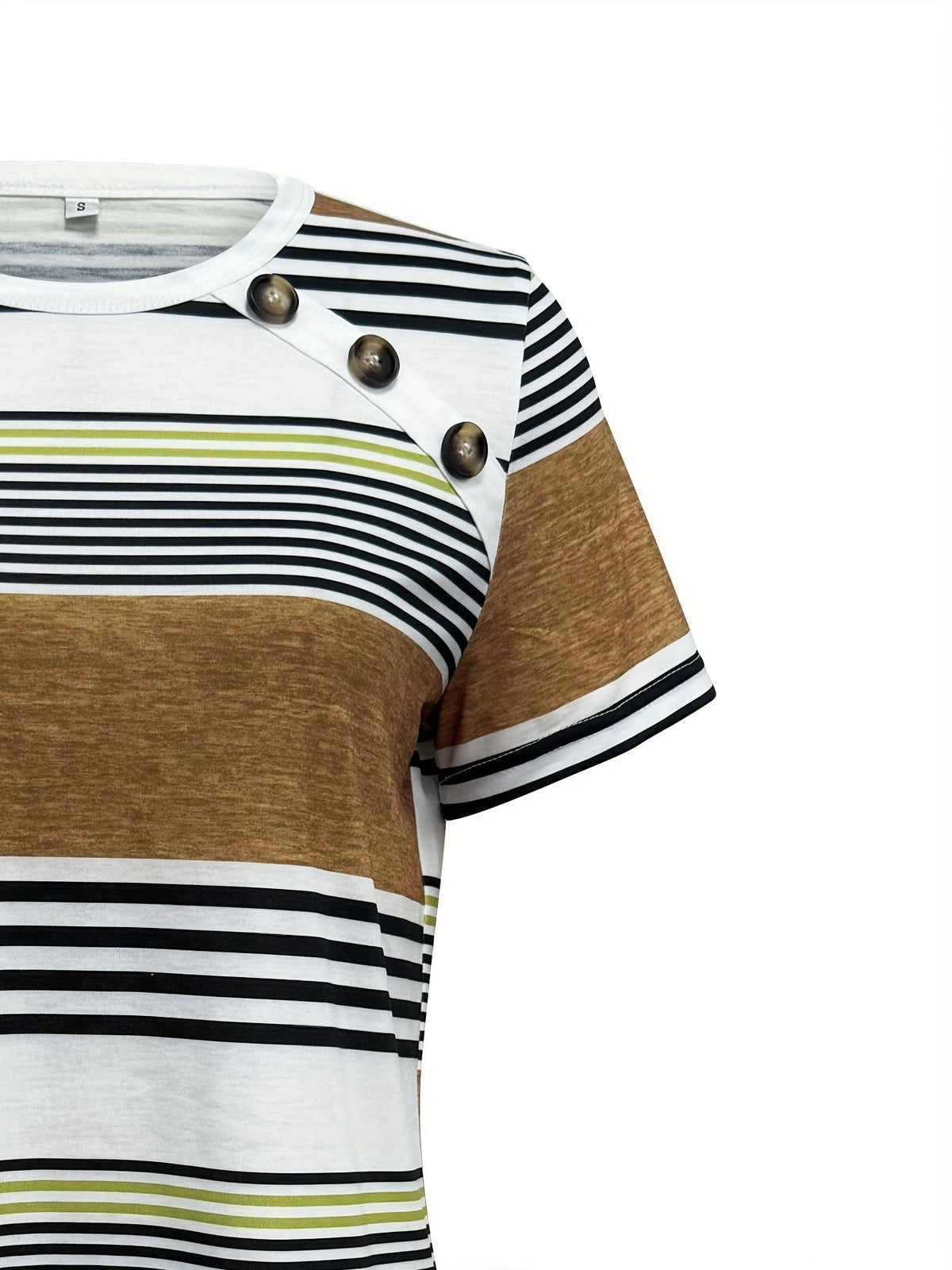 Button Front Vibrant Striped Short Sleeve Crew Neck T-Shirt