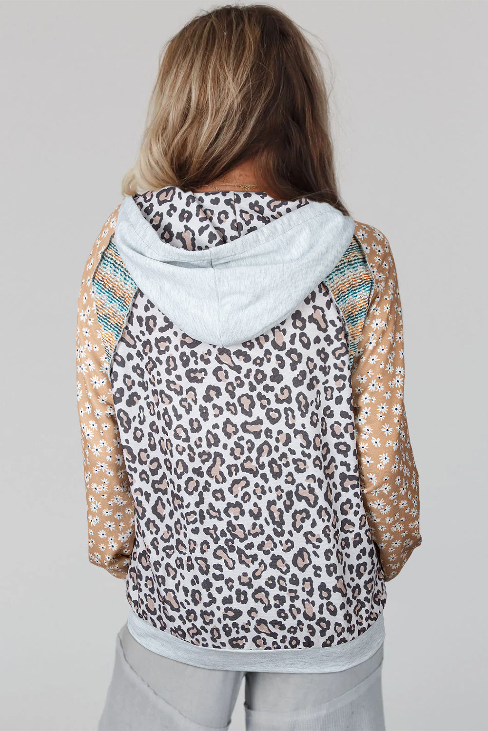 Multicolor Leopard Floral Patchwork Drawstring Hoodie