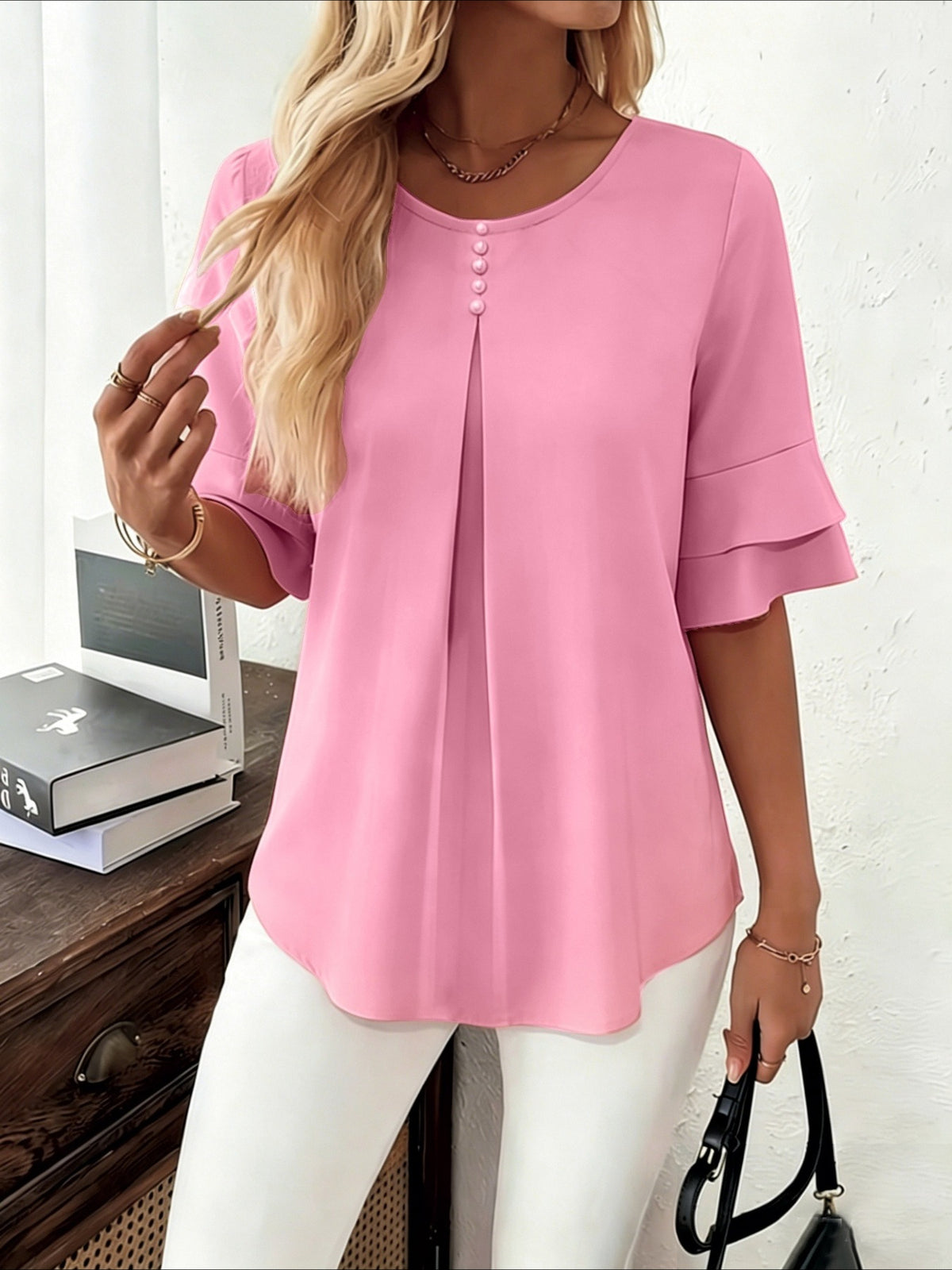 Elegant Fashion Summer Loose Solid Round Neck Button-Up Shirt Flared Sleeve Ruffle Top