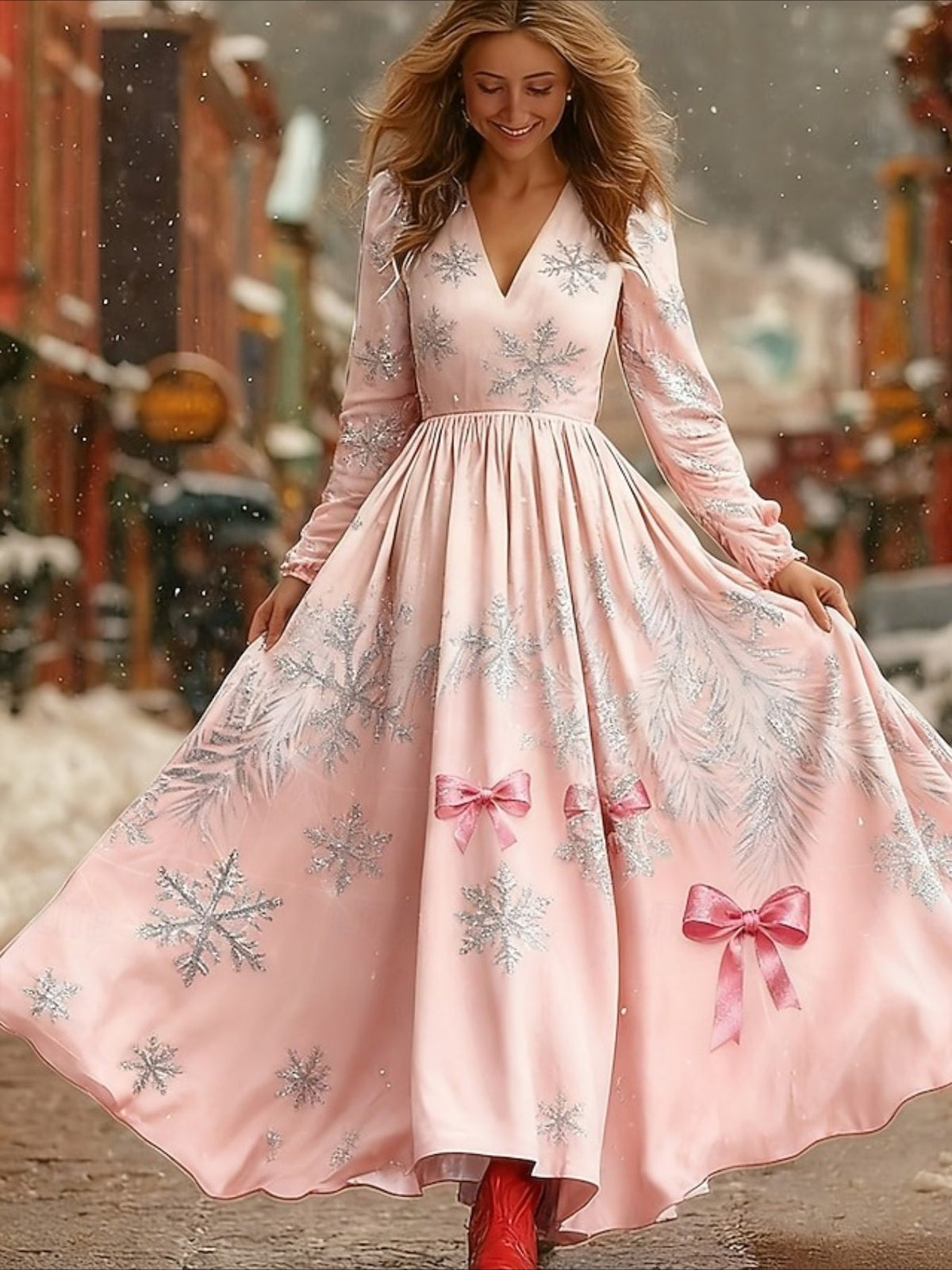 Snowflakes Pleated Party Long Sleeve V Neck Maxi Dress