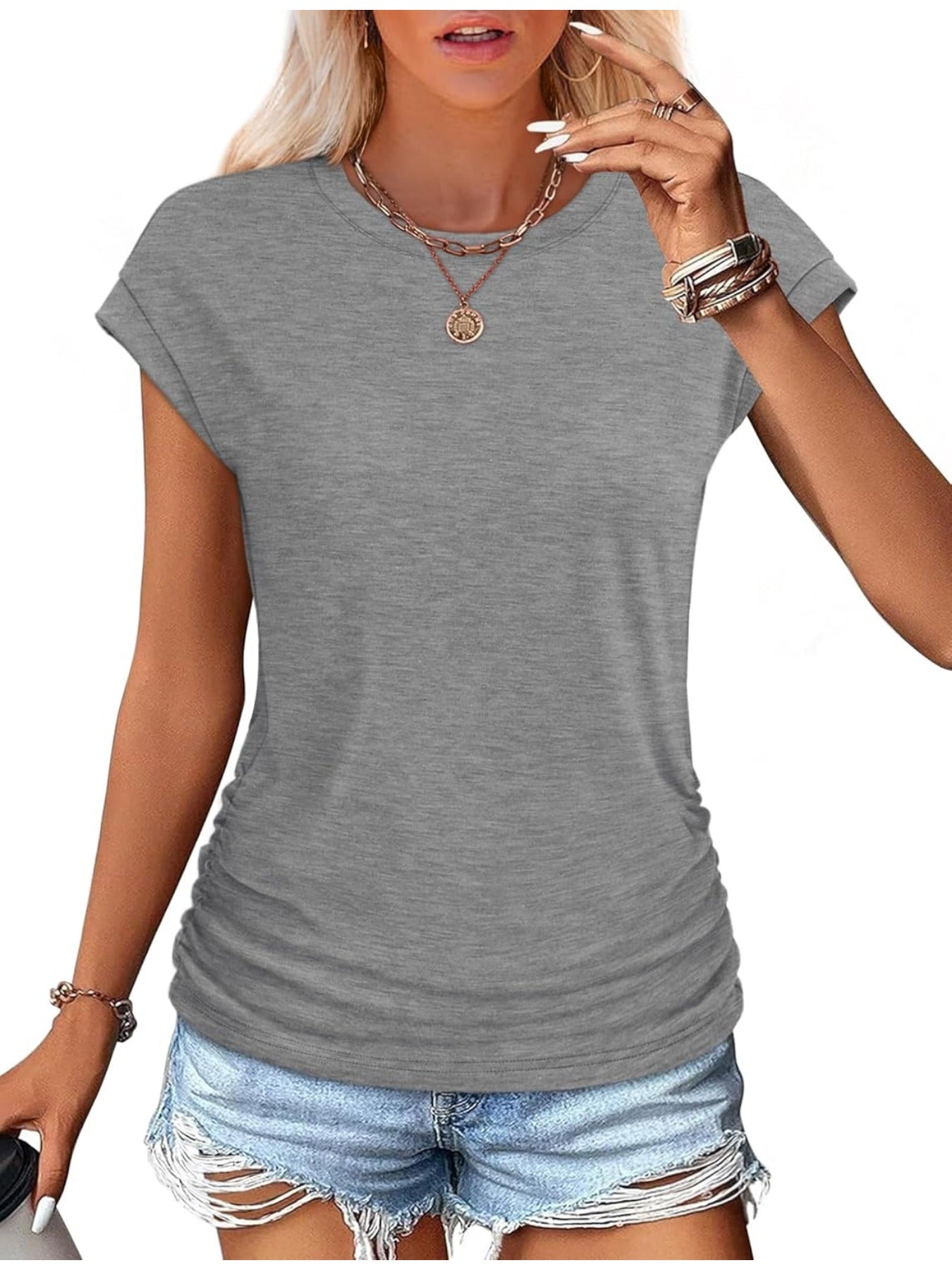 Solid Color Crew Neck Ruched Cap Short Sleeve T Shirts