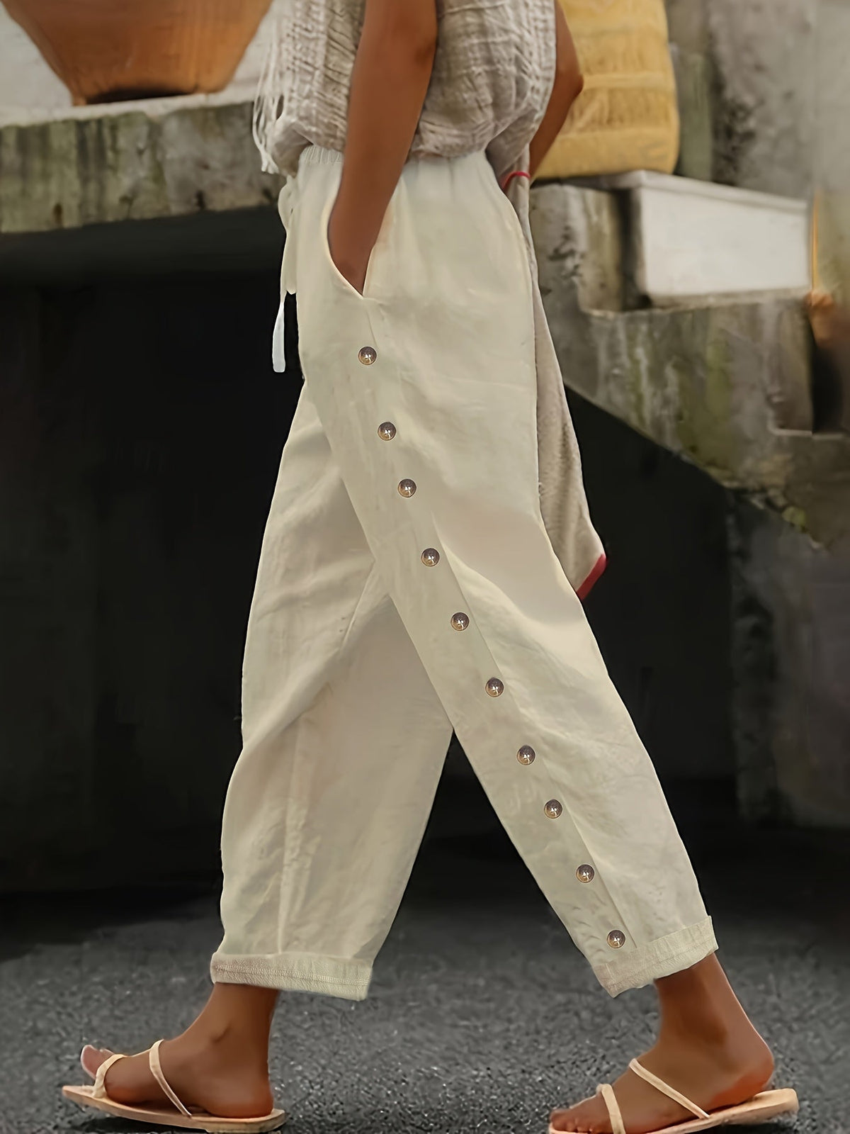 Women'S Elegant Casual Blue Straight-Leg Pants with Pearl Embellishments