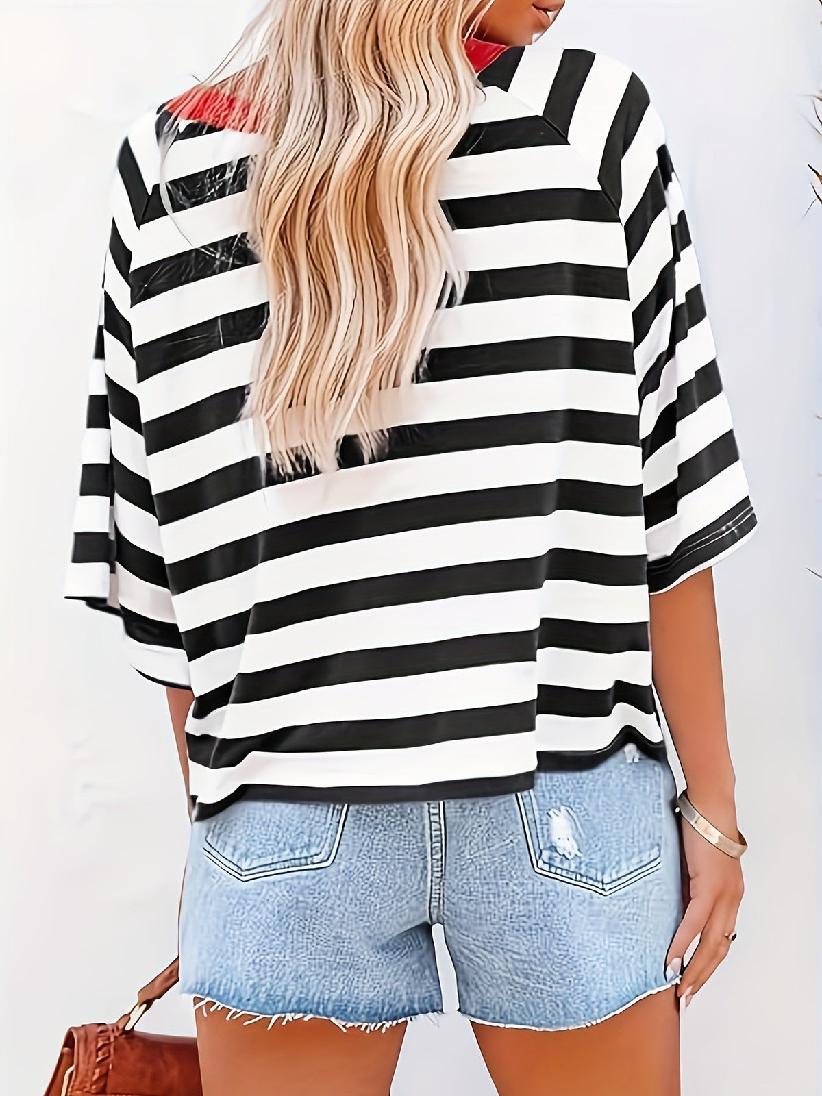 Striped Drop Shoulder Loose T-Shirt, Casual Short Sleeve T-Shirt