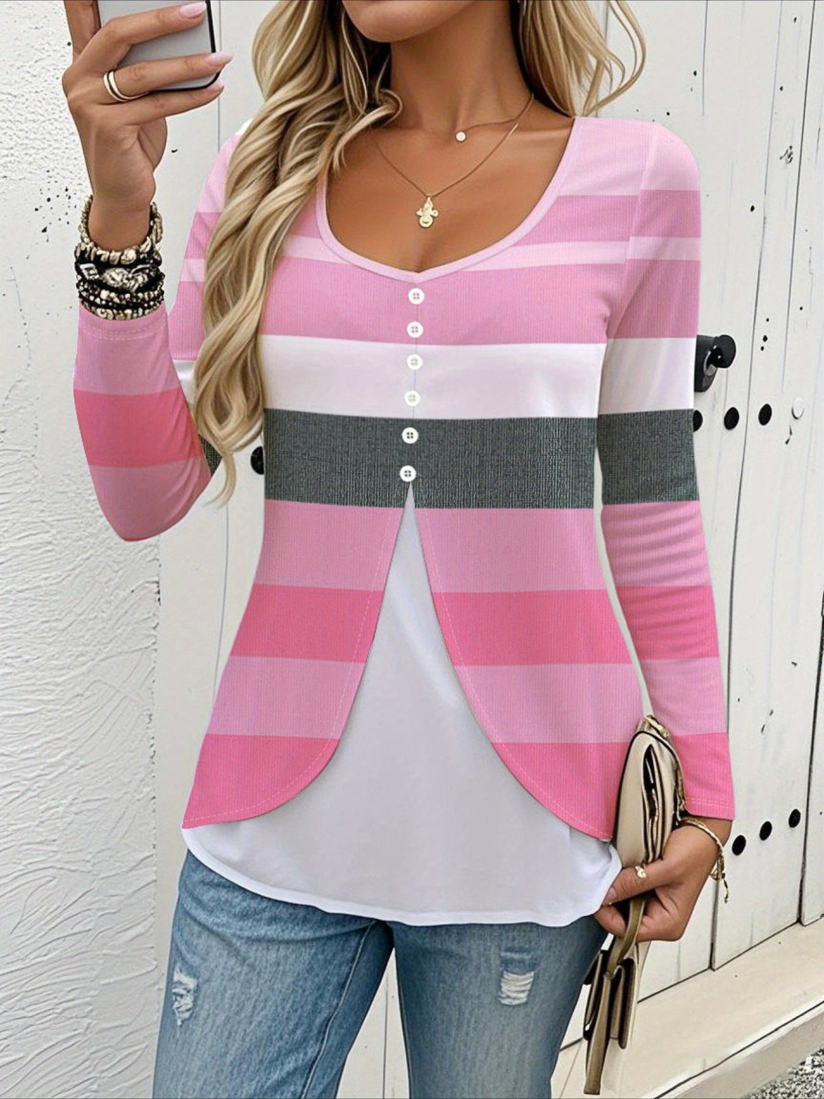 Elegant Striped Long Sleeve Button-Up White Checkered Pattern Round Neck Checkered Pattern T-shirt
