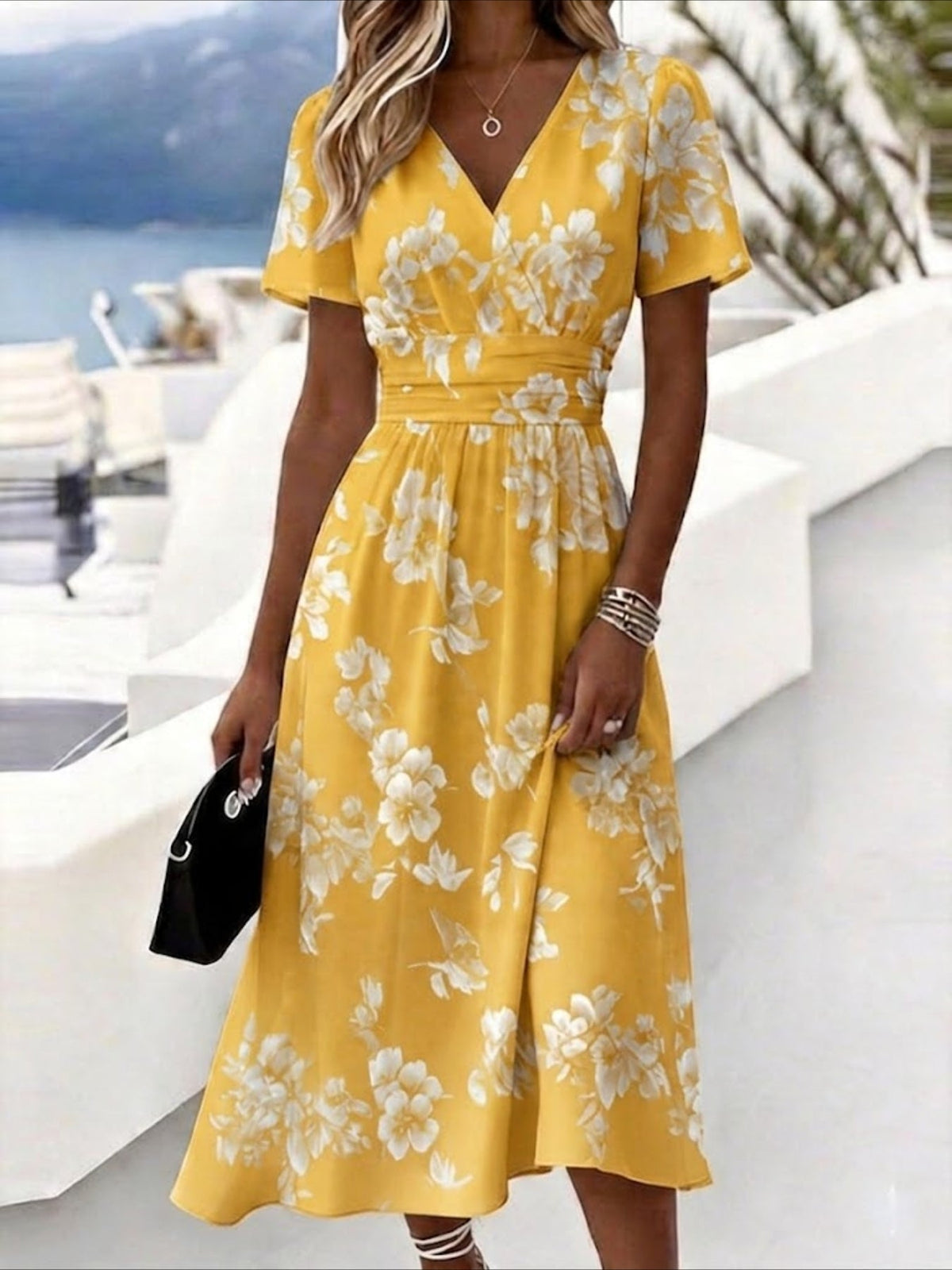 Floral Print V Neck Short Sleeve Beach A-Line Dress