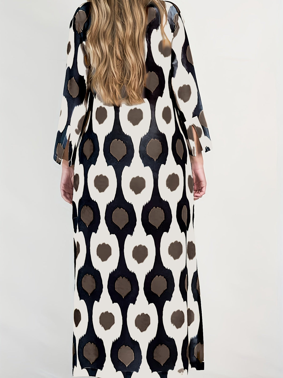 Graphic Print Split Dress, Vintage V Neck Long Sleeve Maxi Dress