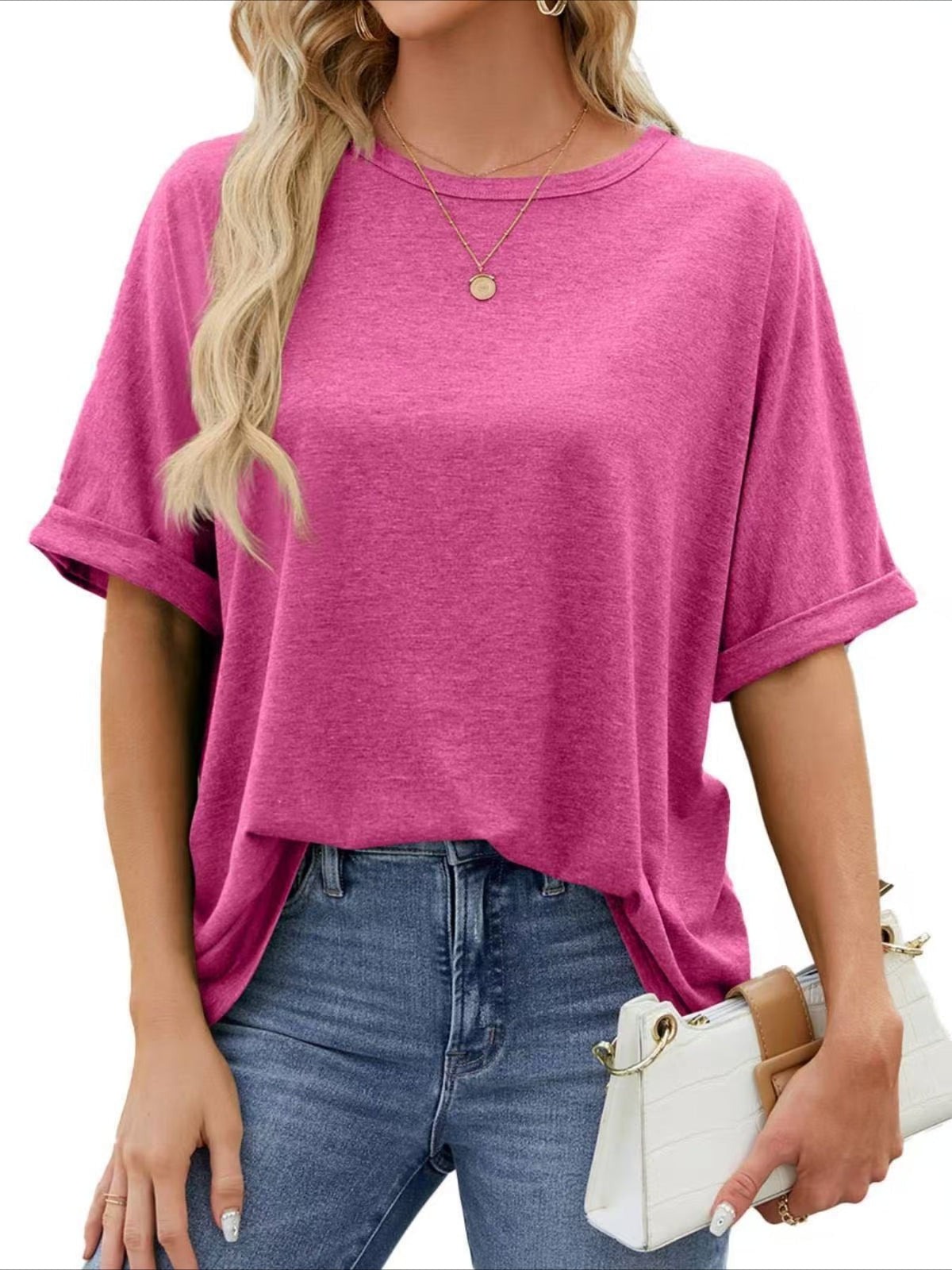 Casual Short Sleeve Crewneck Solid Color Loose T-Shirt
