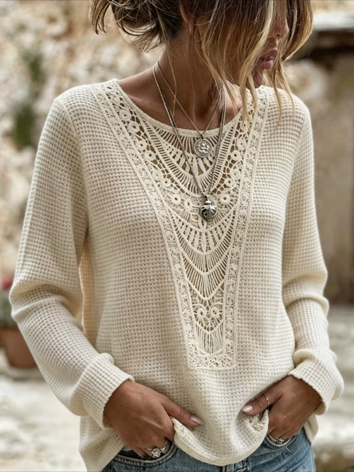 Pineapple Checked Lace Splicing Long Sleeve Solid Color T-shirt