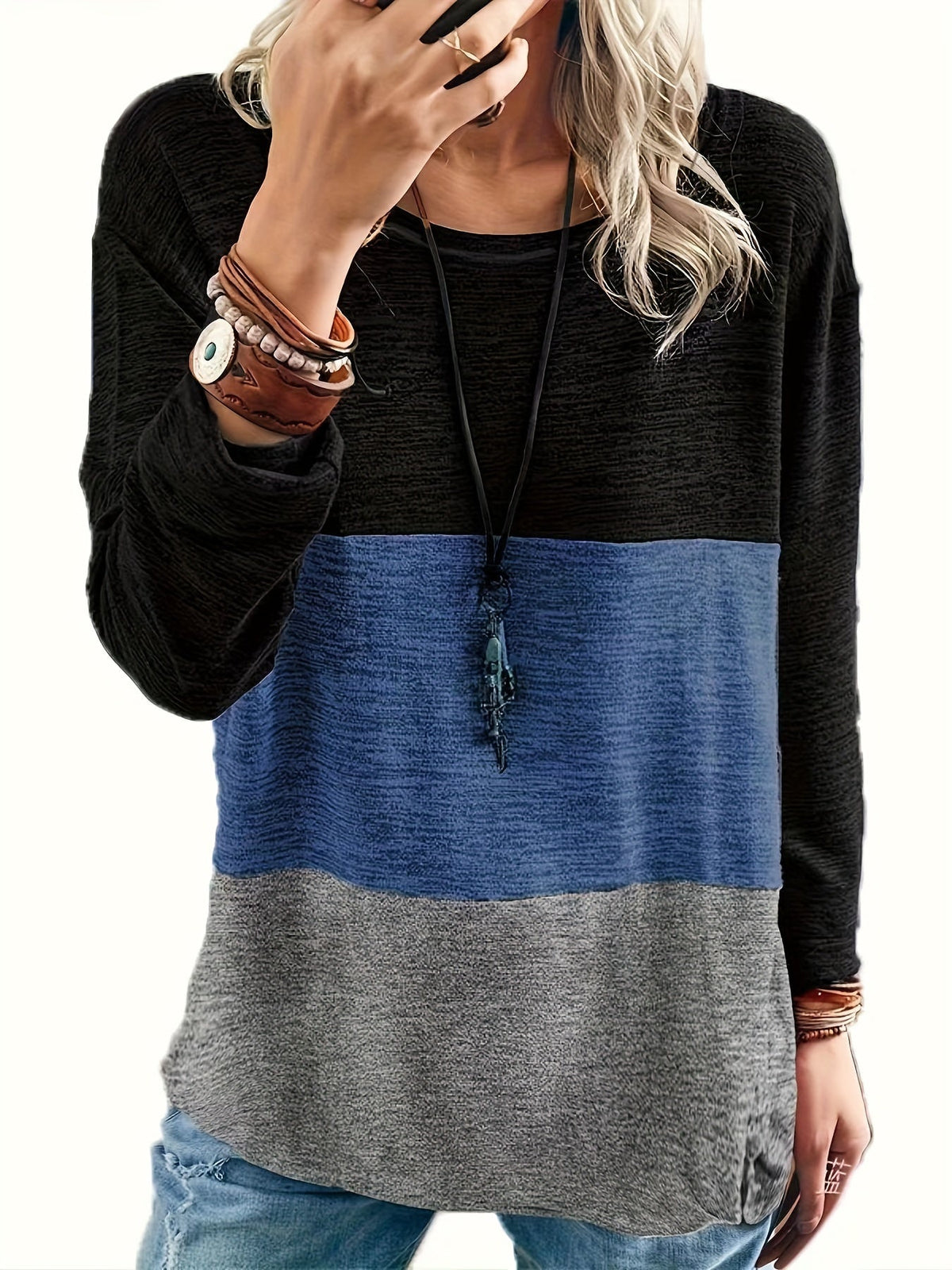 Women's Colorblock Long Sleeve Round Neck Medium Stretch Top