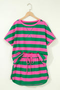 Rose Stripe Dolman Tee Drawstring Skort Athletic 2pcs Set