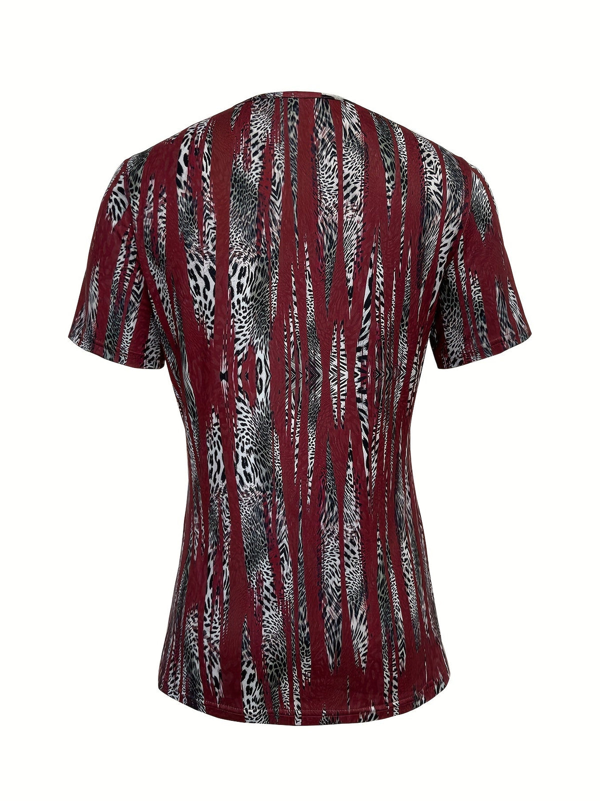Maroon & Black Stretchy Polyester Blend Print Square Neck Short Sleeve T-Shirt