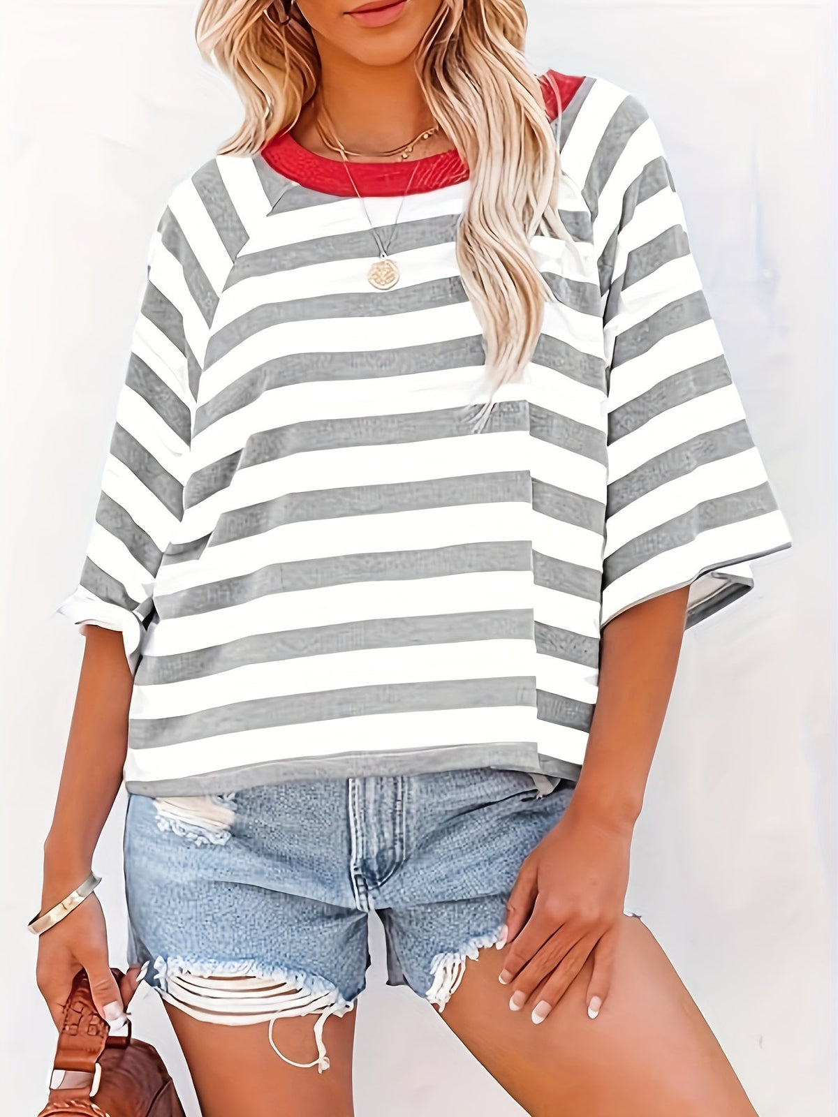 Striped Drop Shoulder Loose T-Shirt, Casual Short Sleeve T-Shirt