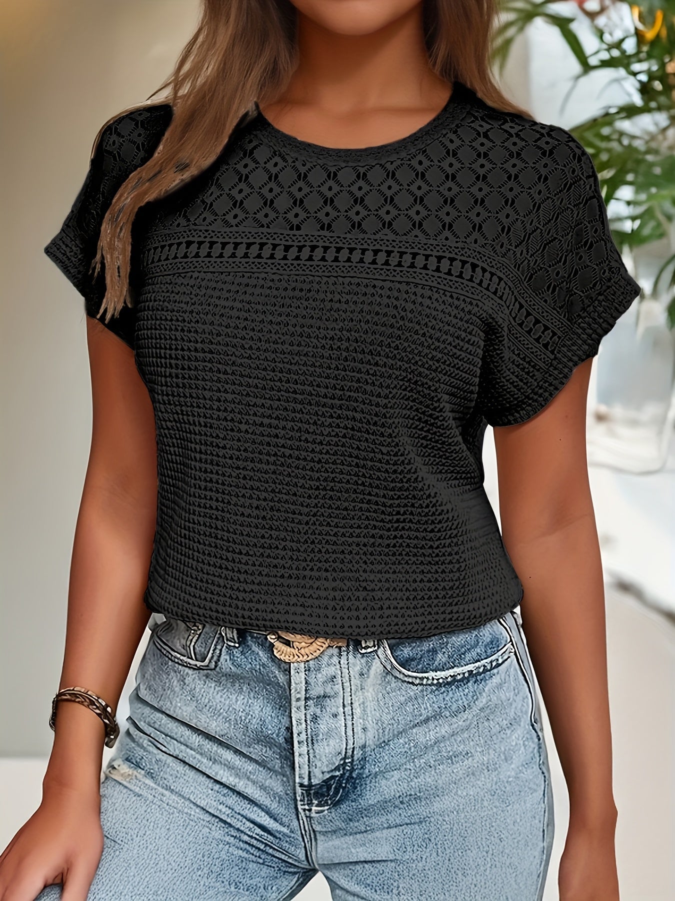 Casual Crew Neck Waffle Loose Solid Color Tops