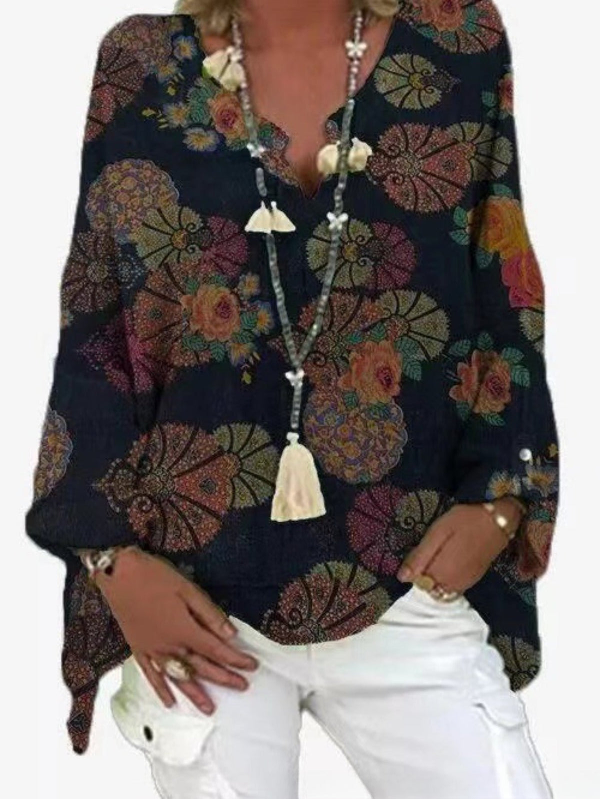 Women's Tile Print Long Sleeve Notched Neck Loose Fit T-shirt