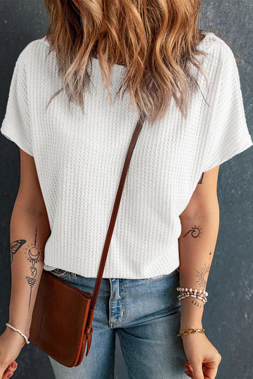 White Waffle Knit Boat Neck Short Sleeve Top