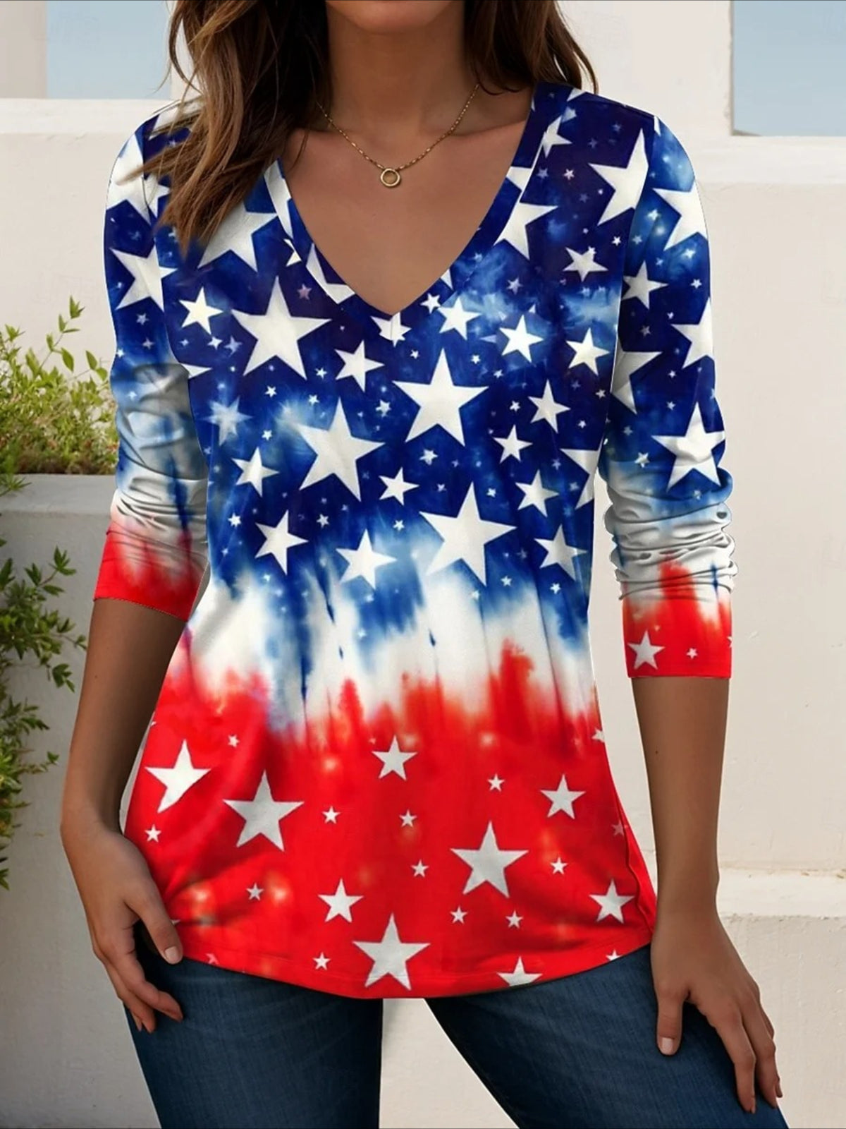 Casual Independence Day (Flag) V Neck Long Sleeve T-shirt